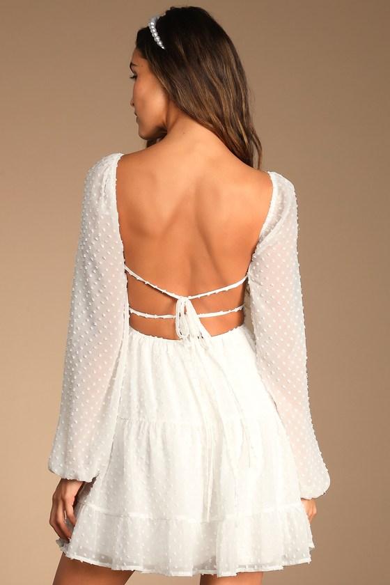 Longing And Love White Swiss Dot Puff Long Sleeve Mini Dress Product Image