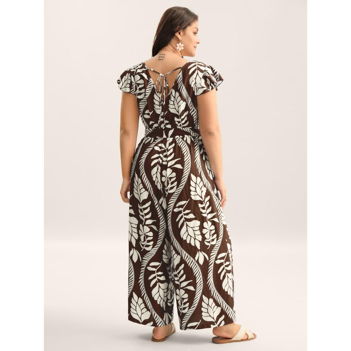 Plus Size DarkBrown Large Floral Print Pockets Jumpsuit Women Cap Sleeve Overlap Collar Vacation Loose Jumpsuits BloomChic 18-20/2X Product Image