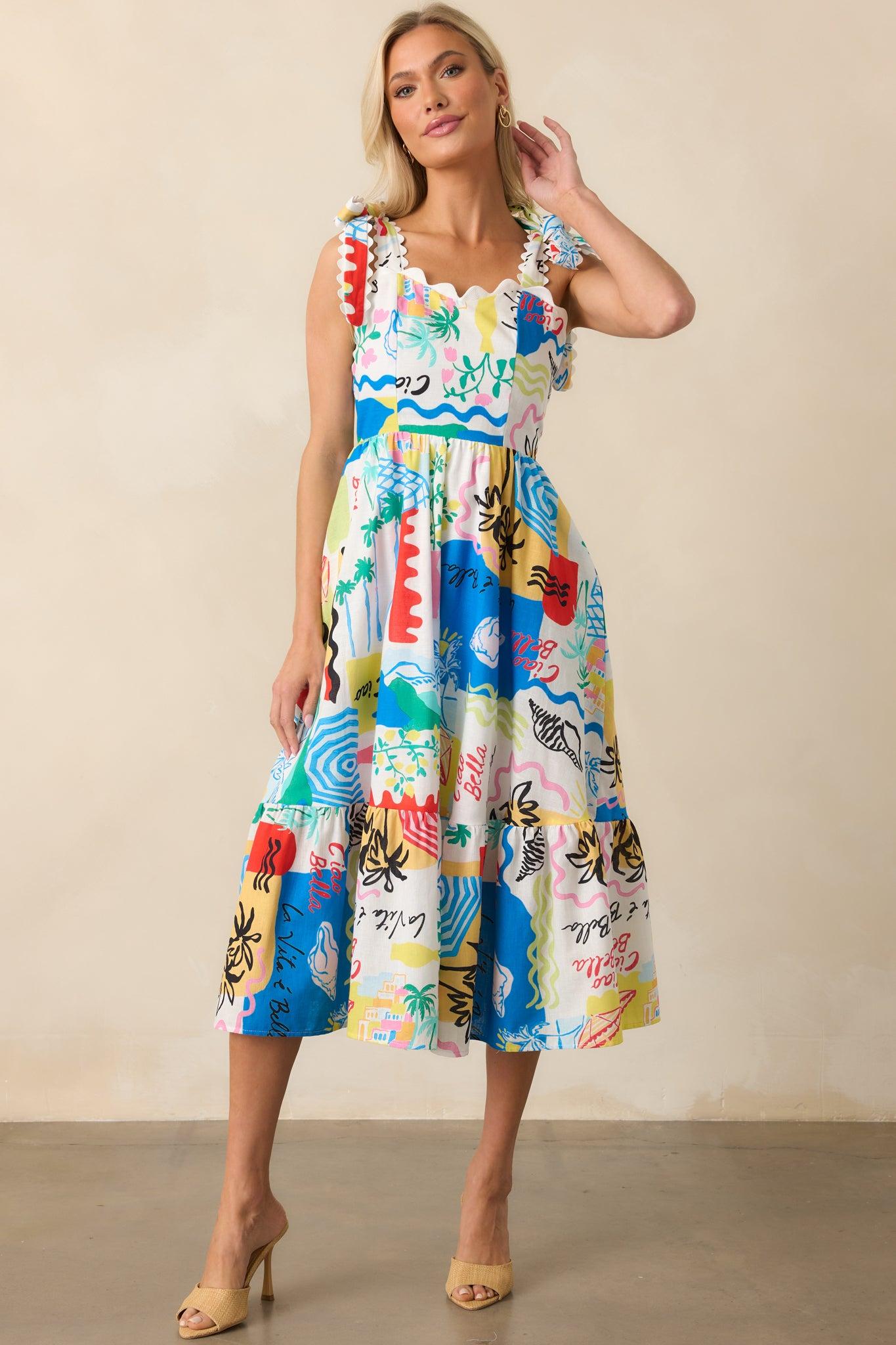 Prosperina Francesca Multi Tropical Print Linen Midi Dress Product Image