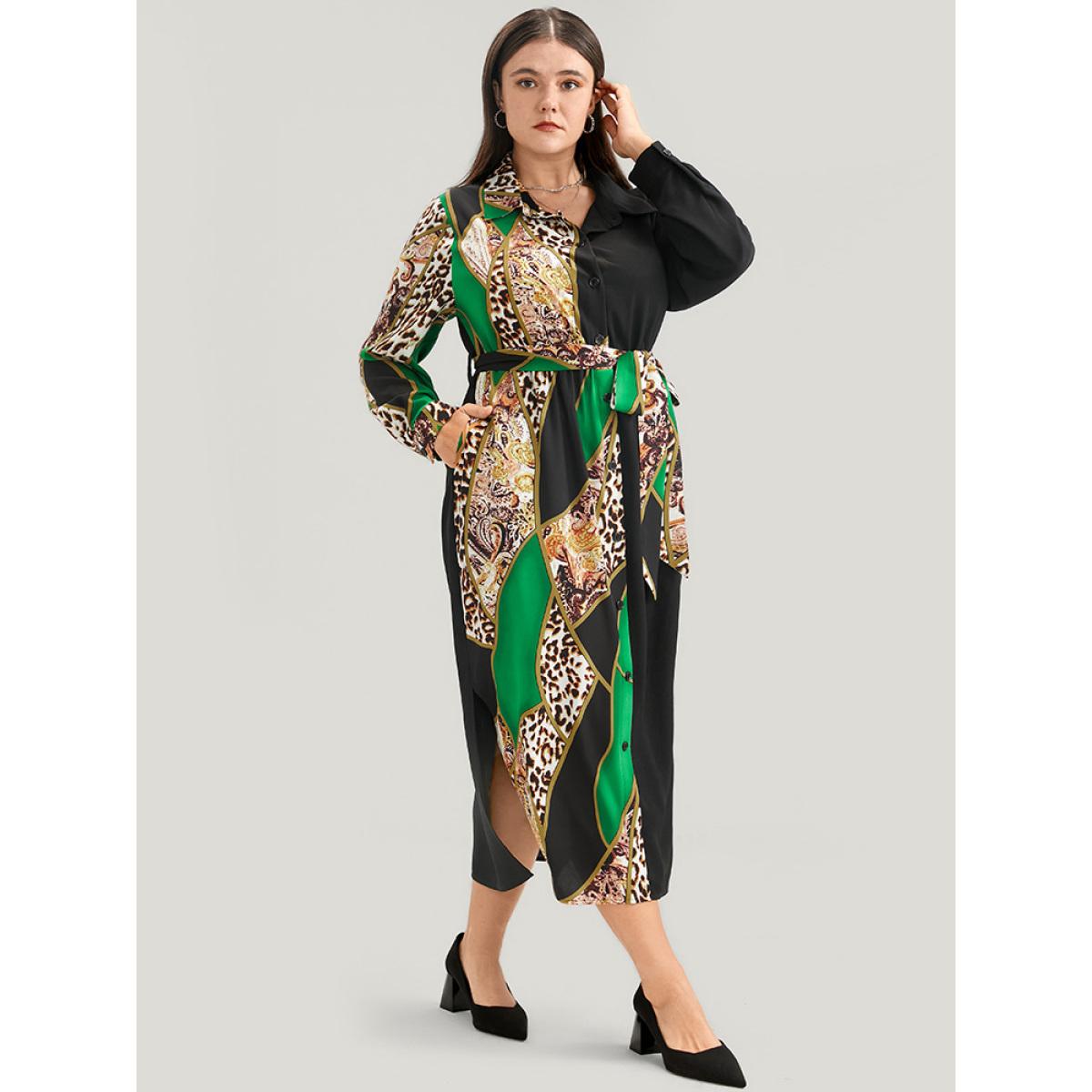 Plus Size Chain Print Shirt Collar Pocket Split Belted Button Up Dress Green Women Office Printed Shirt collar Curvy Midi Dress BloomChic 22-24/3X Product Image