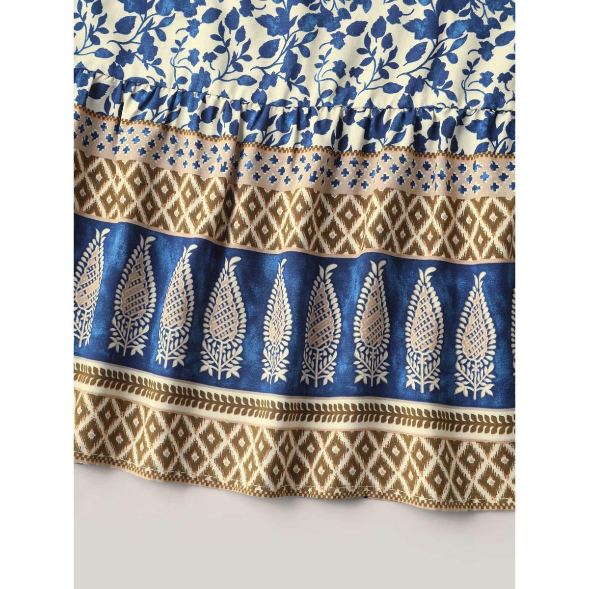 Plus Size Boho Floral Print Shirred Waist Midi Skirt Women Indigo Elegant Shirred Bodycon Low stretch Slanted pocket Everyday Skirts BloomChic 22-24/3X Product Image