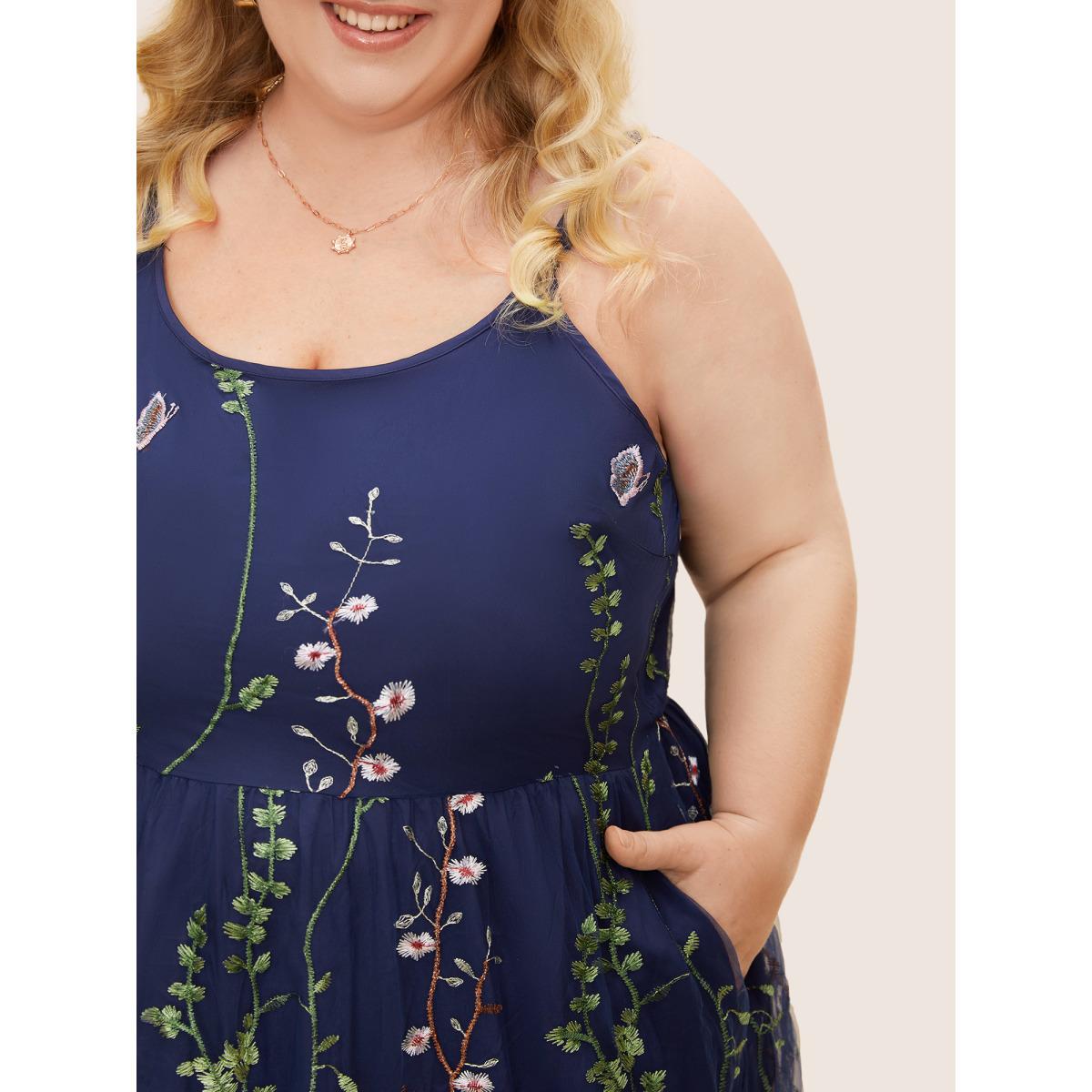 Plus Size U Neck Floral Embroidered Mesh Cami Dress DarkBlue Women Formal U-neck Sleeveless Curvy BloomChic 22-24/3X Product Image