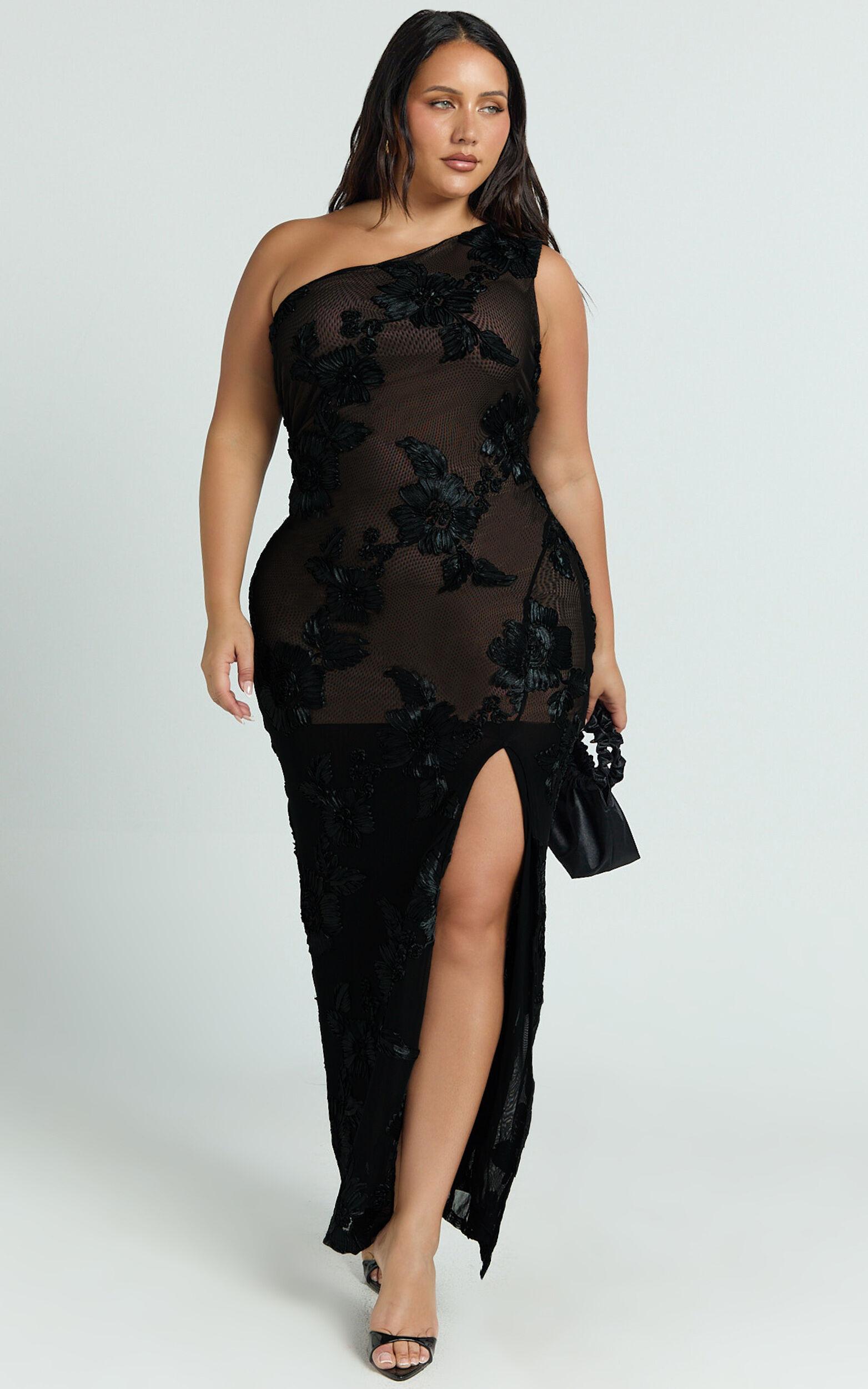 Shelby Maxi Dress - One Shoulder Rosette Fitted Applique Dress in Black Product Image