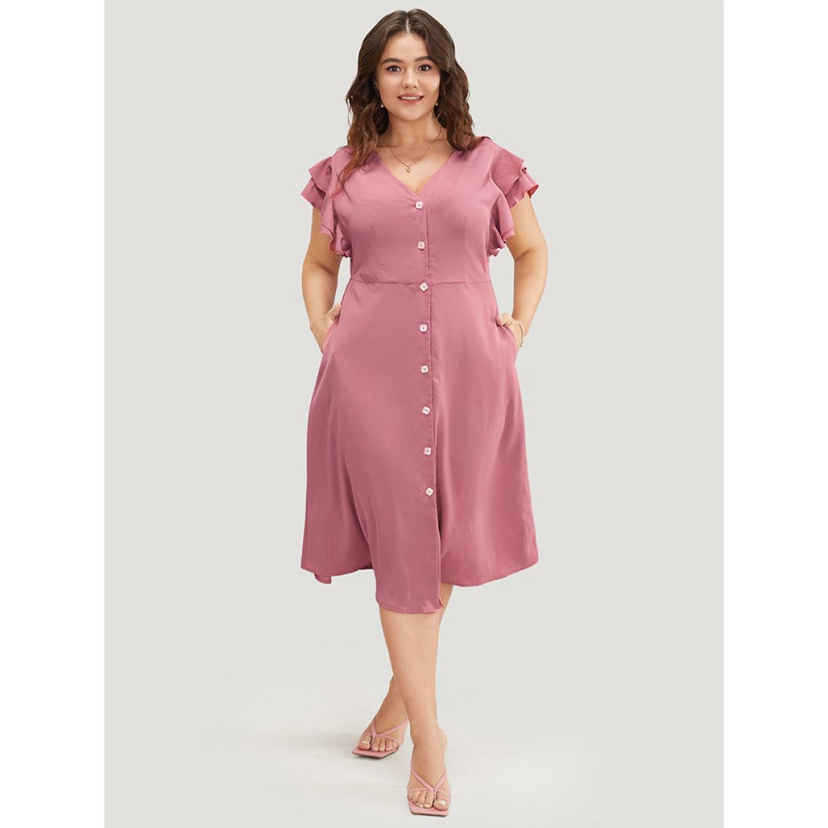 Plus Size Plain Ruffle Sleeve Pocket Tiered Button Up Dress Rouge Women Elegant Button V-neck Short sleeve Curvy Midi Dress BloomChic 26/4X Product Image