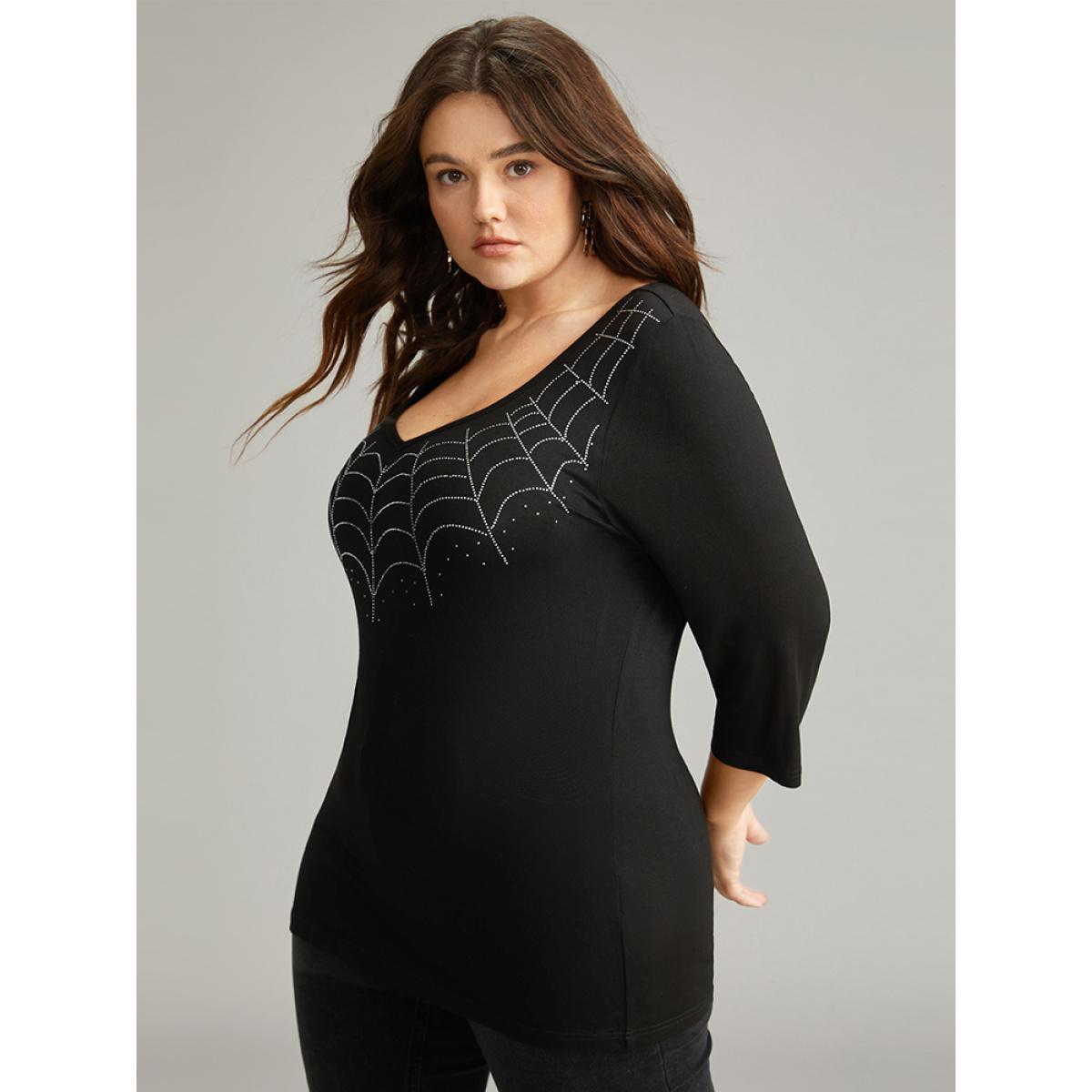 Plus Size Supersoft Essentials Halloween Graphic Rhinestone T-shirt Black Women Casual Rhinestone detailing Graphic-Halloween V-neck Festival-Halloween T-shirts BloomChic 26/4X Product Image
