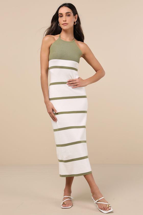 Friendly Cutie Olive and Ivory Striped Knit Halter Midi Dress Product Image