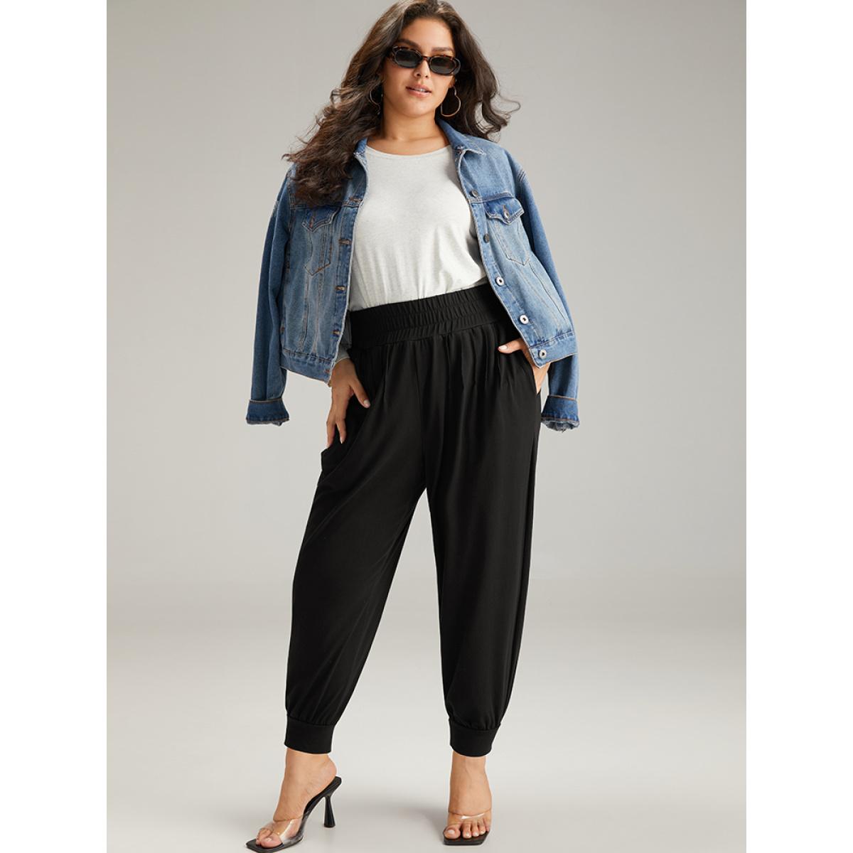 Solid Shirred Pocket Harem Sweatpants Black Plus Size Women Casual Dailywear Tummy control 18-20/2X Bloomchic Product Image