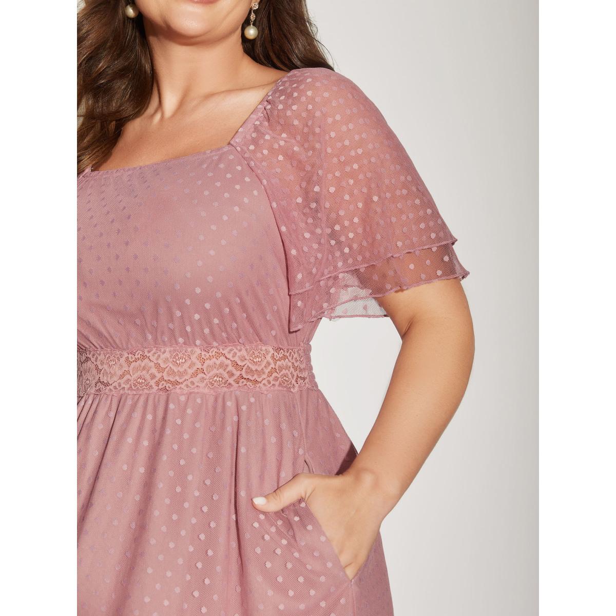 Plus Size Textured Dot Lace Trim Midi Dress Watermelon Women Formal Square Neck Short sleeve Curvy BloomChic 12/L Product Image