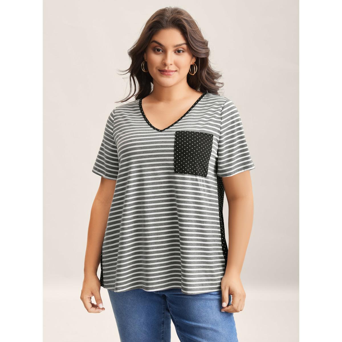 Plus Size Striped Polka Dots Print Pockets T-Shirt DimGray Women Contrast V-neck Everyday-Casual T-shirts BloomChic 22-24/3X Product Image