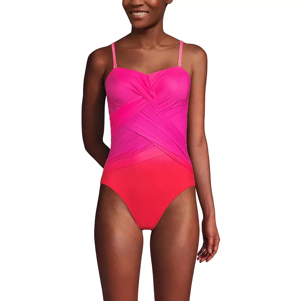 Women's Lands' End Slender Suit Wrap Bandeau One Piece Swimsuit, Size: 18, Pink Team Ombre Product Image