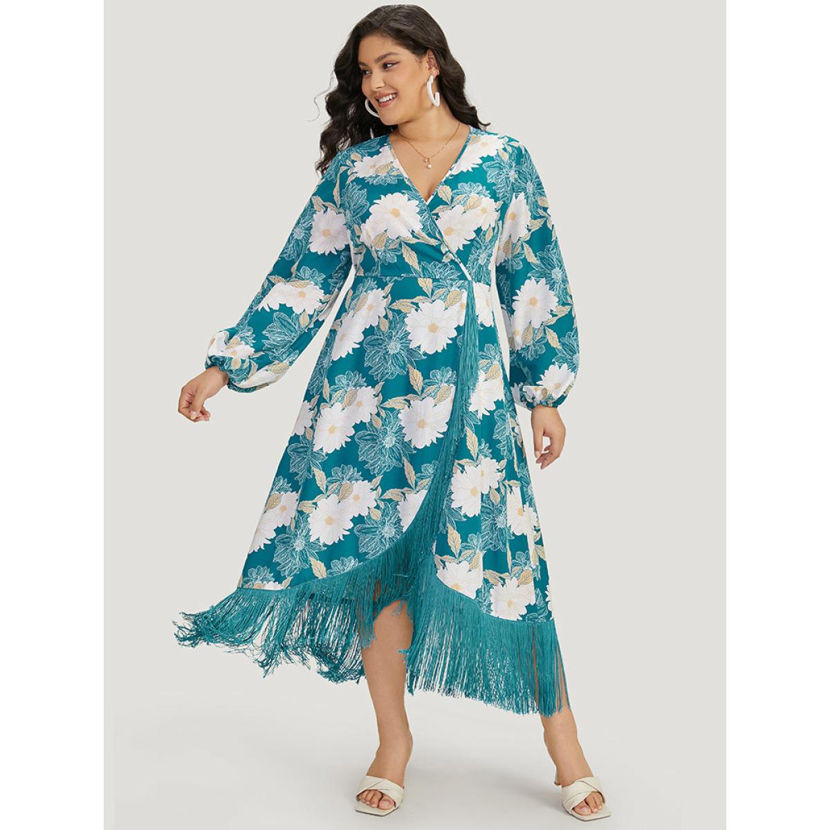 Plus Size Floral Print Wrap Tassel Trim Lantern Sleeve Dress Cerulean Women Elegant Elastic cuffs V-neck Long Sleeve Curvy Midi Dress BloomChic 30/6X Product Image