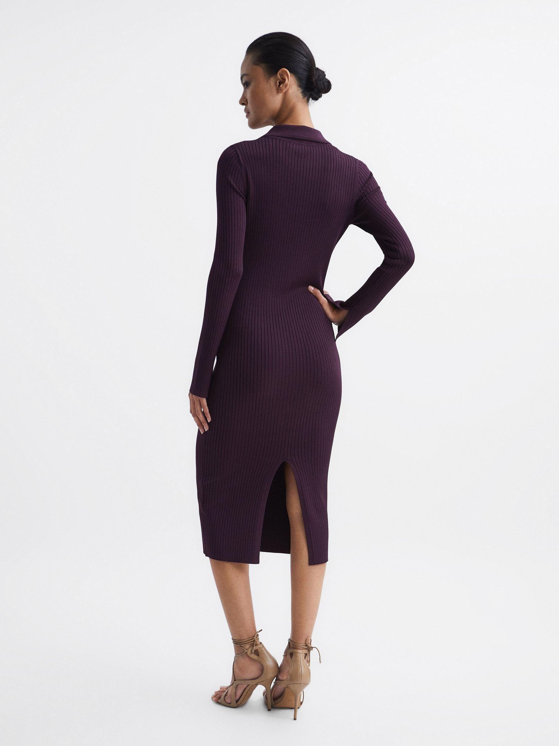 Collared Knitted Bodycon Dress in Purple Product Image