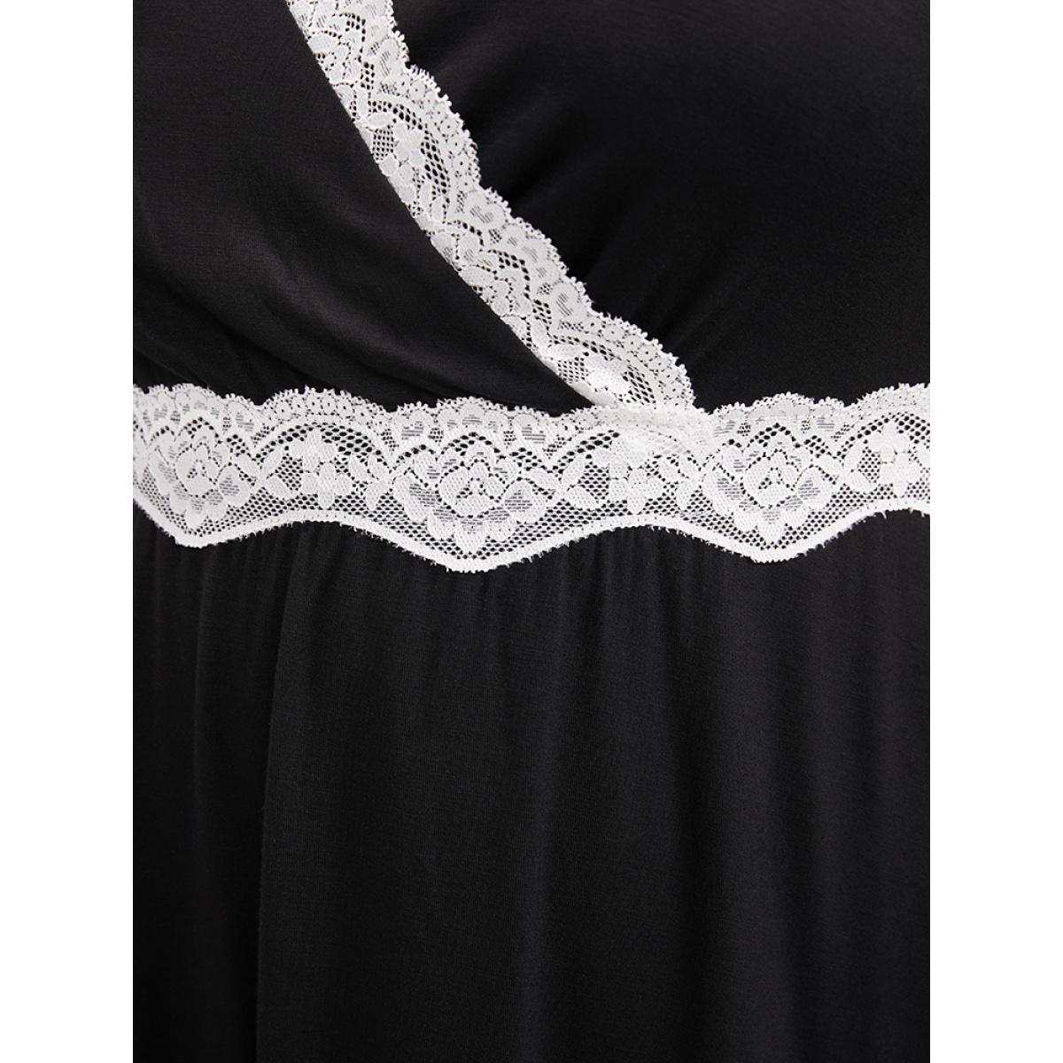 Plus Size Solid Contrast Lace Trim Cami Night Dress Women Black Elegant Plain Spaghetti Strap Loungewear BloomChic 10/M Product Image