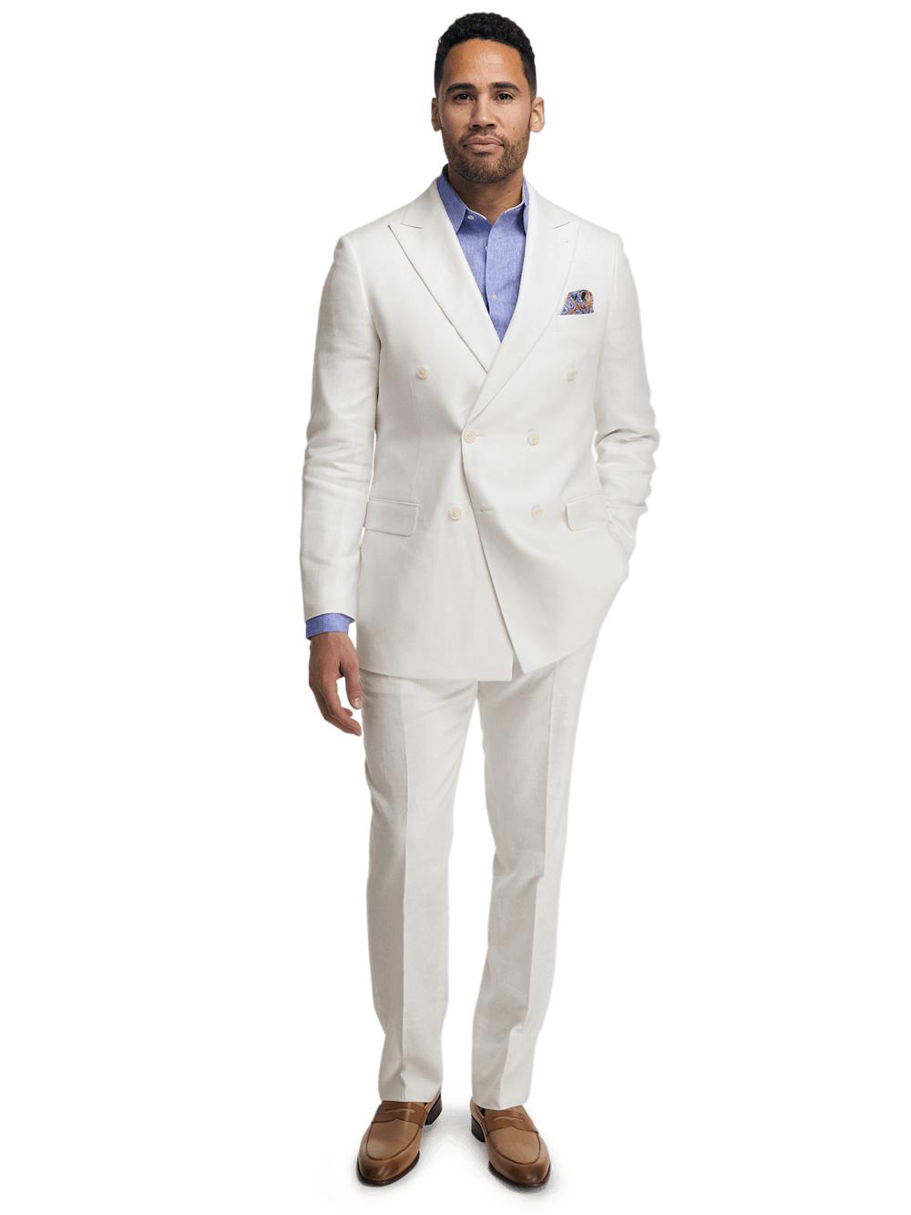 Linen Blend Double Breasted Peak Lapel Suit Jacket - White Product Image