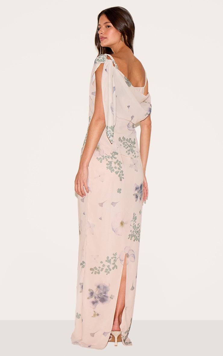 Sand Abstract Printed Chiffon Draped Maxi Dress Product Image