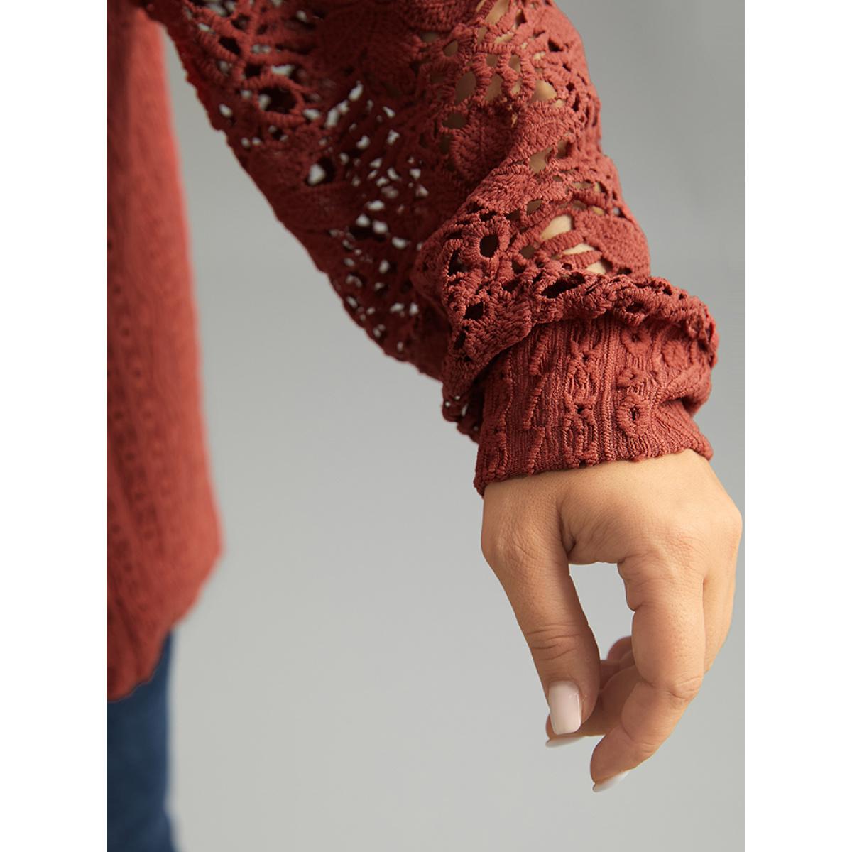 Plus Size Solid Plisse Guipure Lace T-shirt Rust Women Elegant Elastic cuffs Plain Round Neck Dailywear T-shirts BloomChic 18-20/2X Product Image