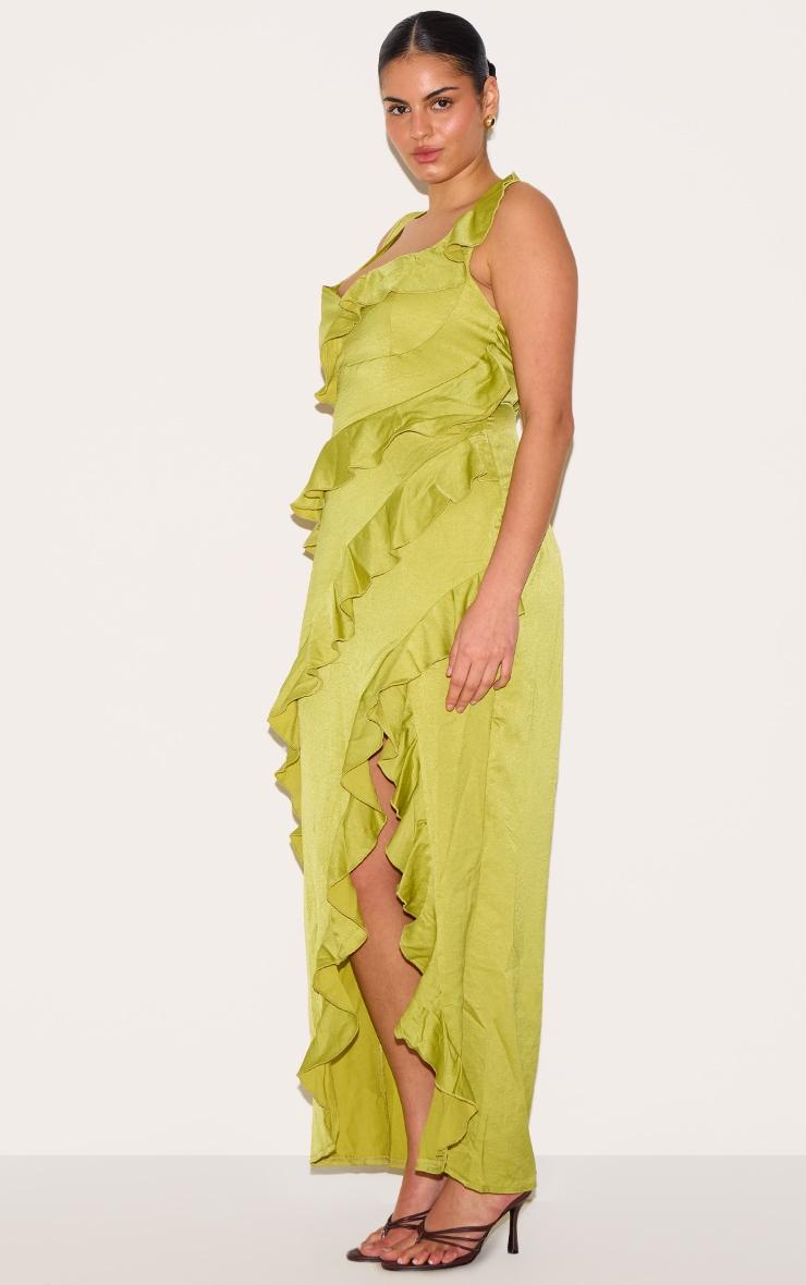 Plus Olive Satin Frill Layered Maxi Dress Product Image
