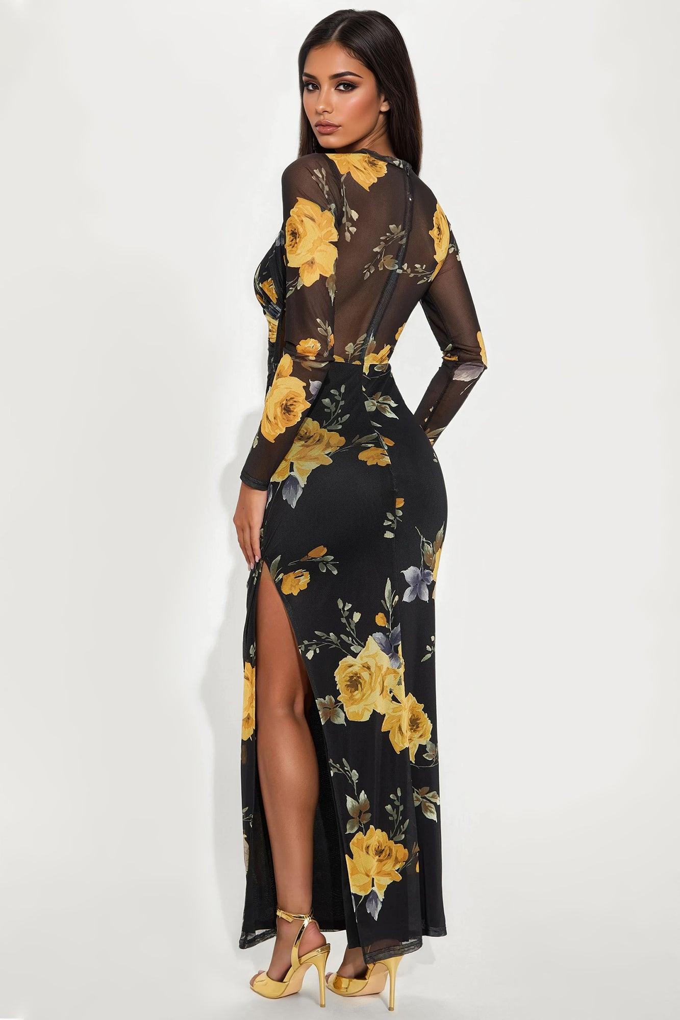 High End Long Sleeve Mesh Maxi Dress - Yellow/combo Female Product Image