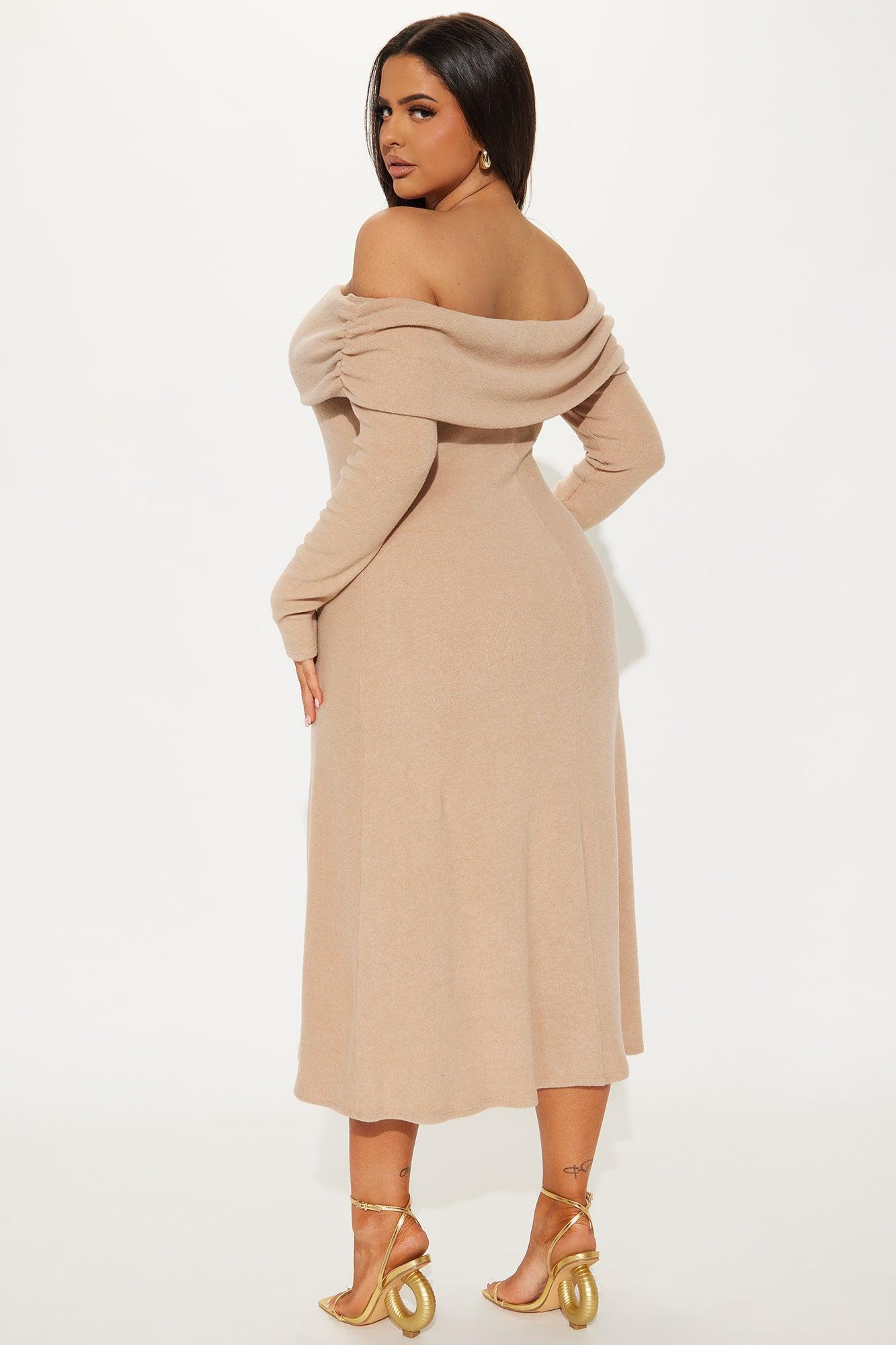 Tell Me More Off Shoulder Midi Dress - Khaki Product Image