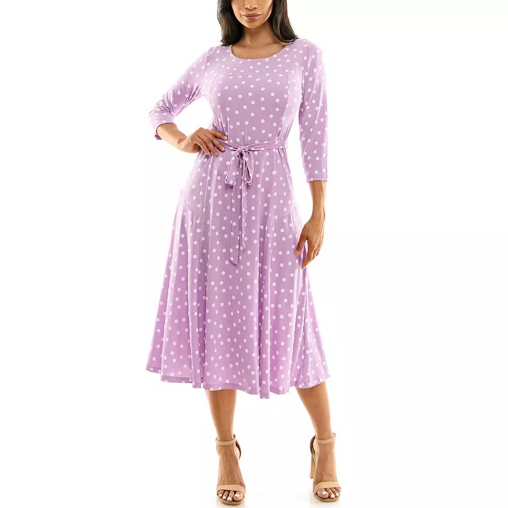 Women's Nina Leonard Belted 3/4 Sleeve Print Midi Dress,  Product Image