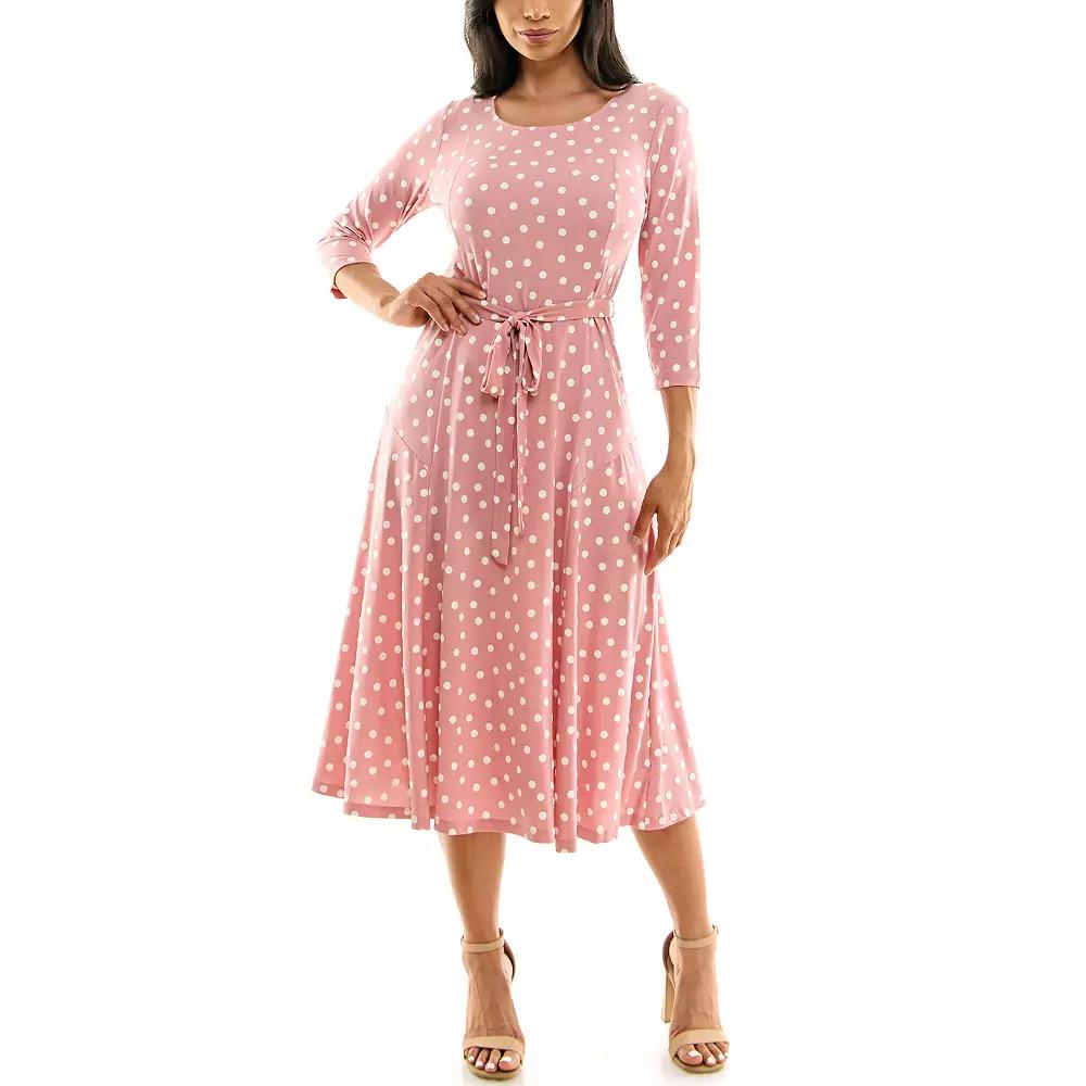 Women's Nina Leonard Belted 3/4 Sleeve Print Midi Dress,  Product Image