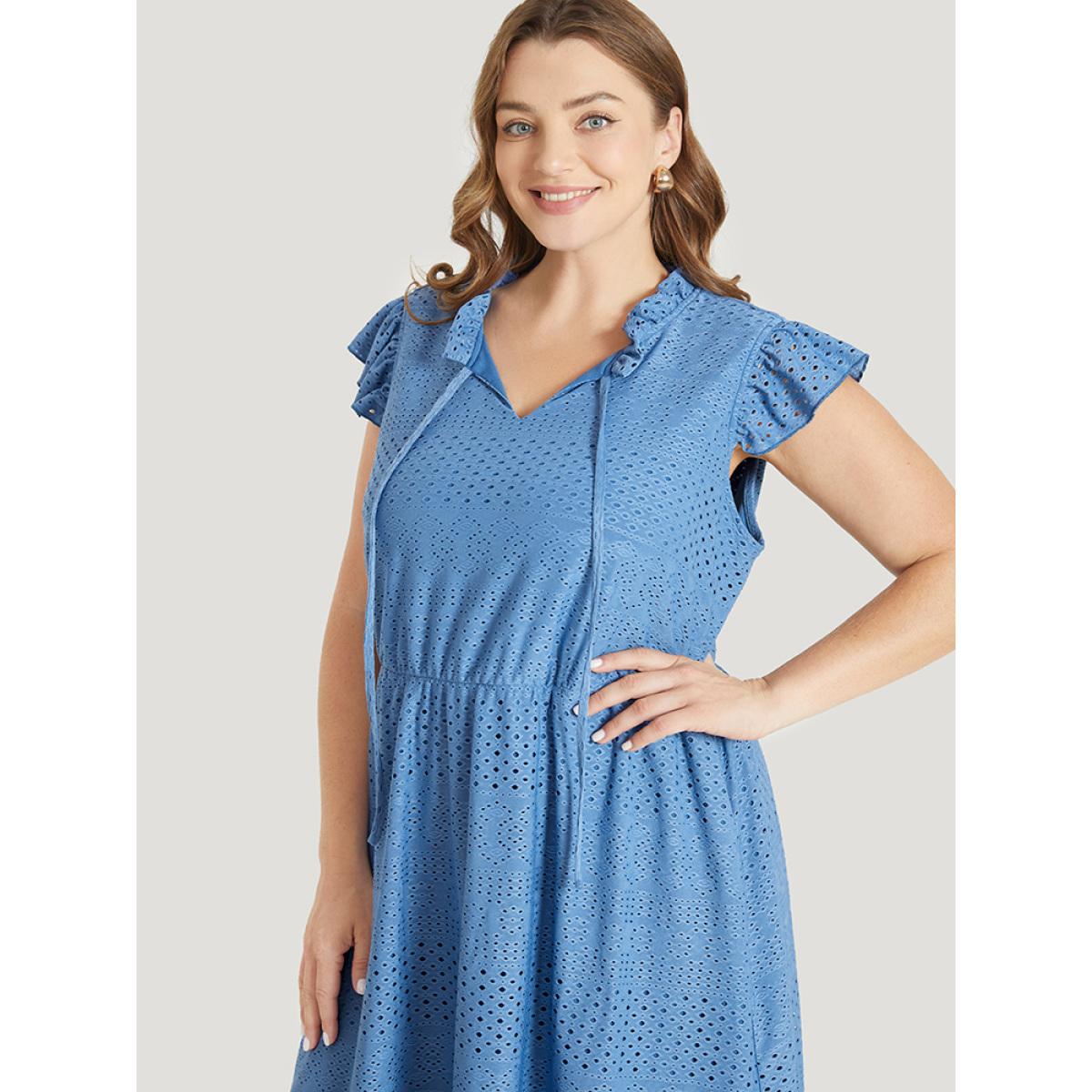 Plus Size Plain Pocket Ruffle Tie Neck Cap Sleeve Broderie Anglaise Dress Blue Women Elegant Lined Tie Neck Cap Sleeve Curvy Midi Dress BloomChic 18-20/2X Product Image