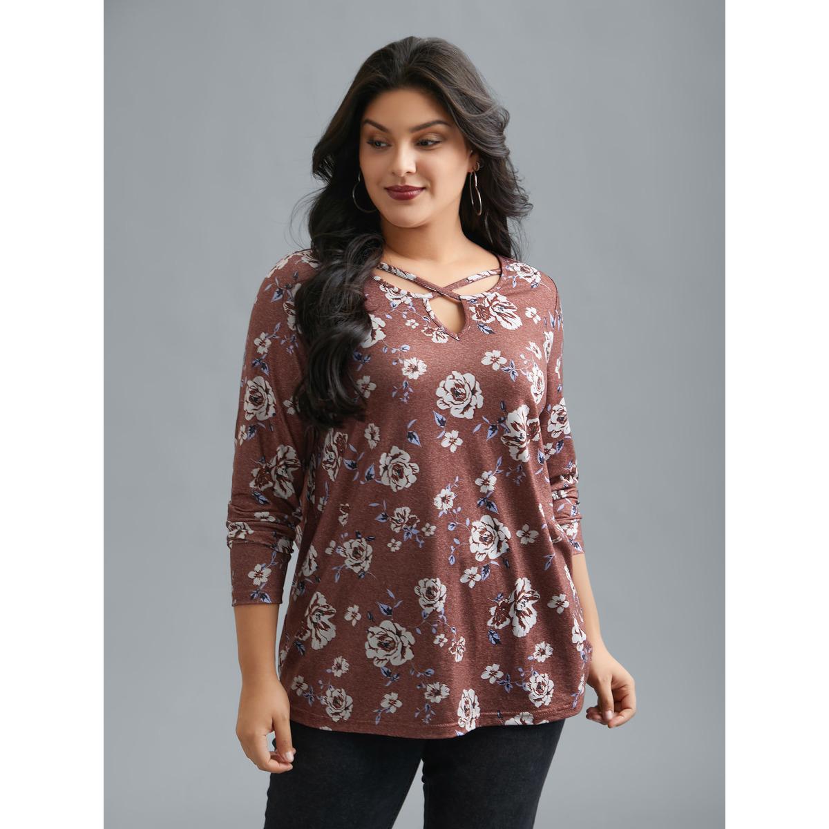 Plus Size Notched Collar Floral Crisscross T-Shirt Scarlet Women Leisure Cut-Out Natural Flowers Notched collar Casual T-shirts BloomChic 18-20/2X Product Image