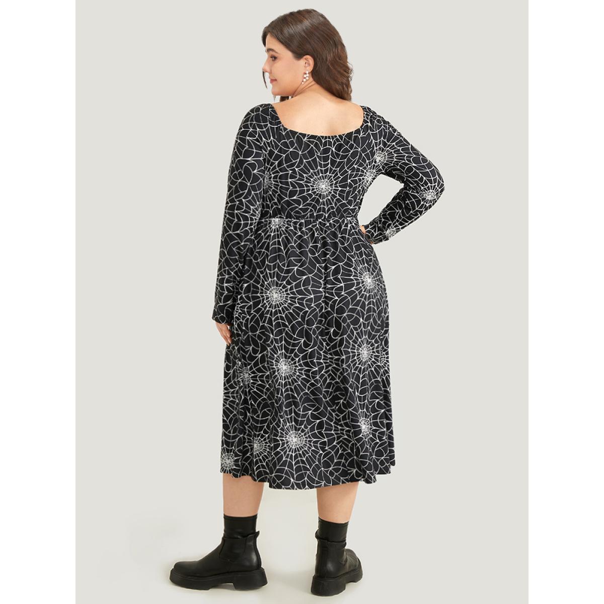 Plus Size Halloween Spider Web Pocket Square Neck Dress Black Women Casual Gathered Square Neck Long Sleeve Curvy Midi Dress BloomChic 10/M Product Image