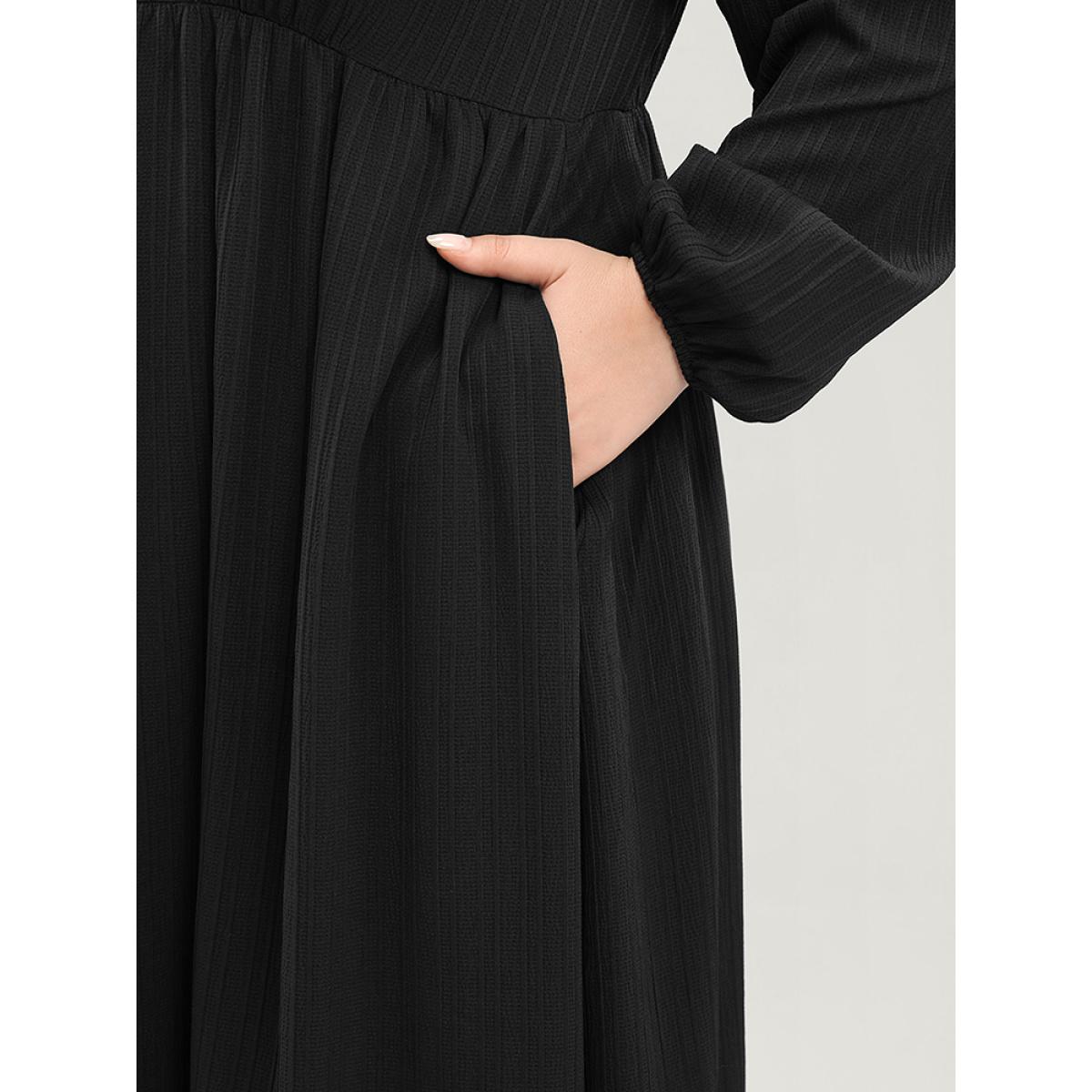 Plus Size Solid Lantern Sleeve Pocket Textured Ties Up Flutter Dress Black Women Office V-neck Long Sleeve Curvy Midi Dress BloomChic 26/4X Product Image