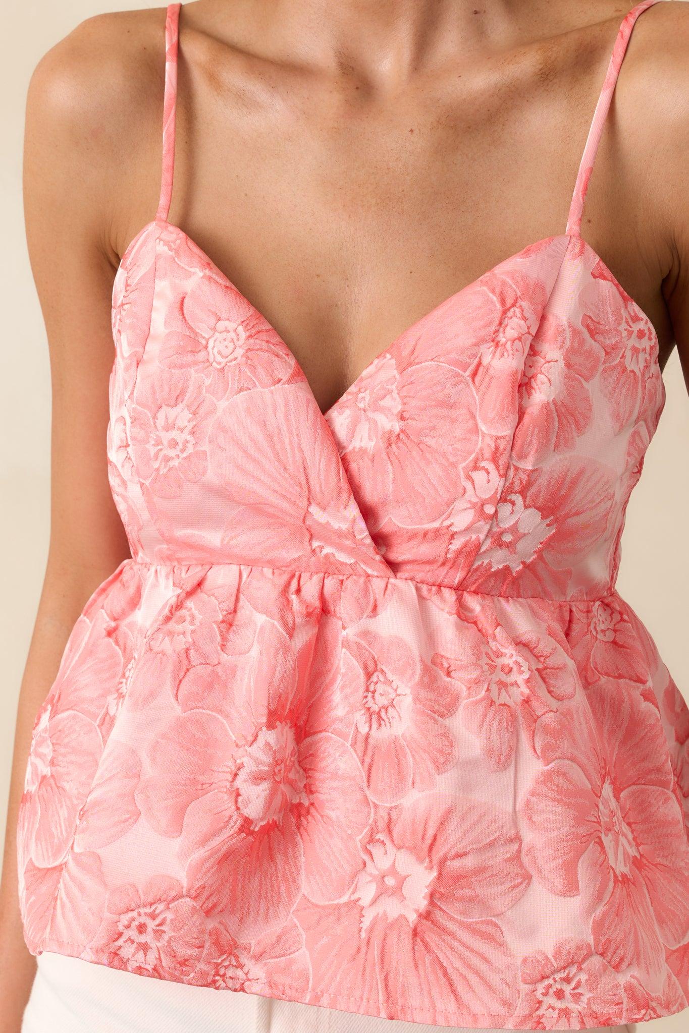 Sunlit Stroll Pink Coral Floral Jacquard Peplum Top Product Image