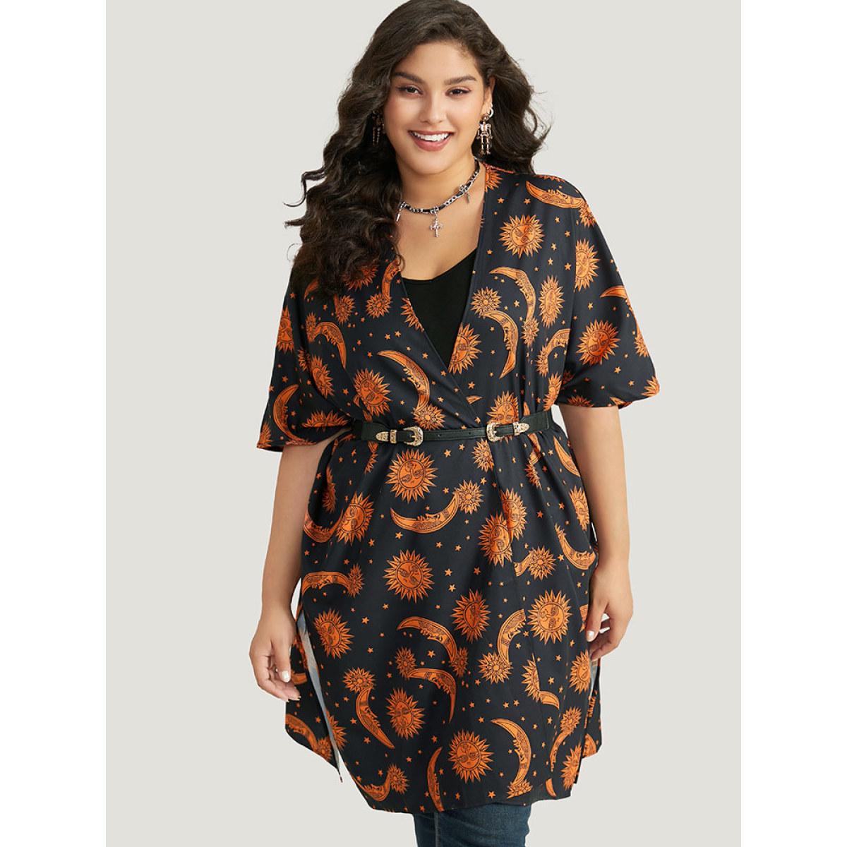 Plus Size Halloween Moon & Star Print Open Front Split Hem Kimono Women DarkBlue Casual Printed Dailywear Kimonos BloomChic 10/M Product Image