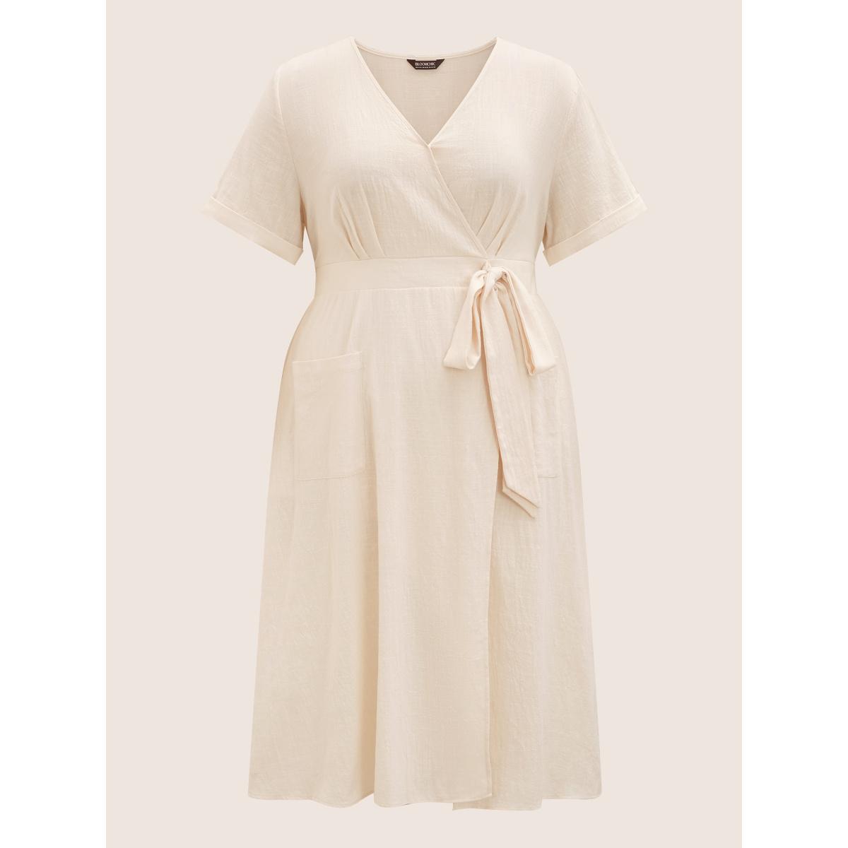 Plus Size Cotton Linen Cuffed Sleeve Tie Knot Midi Dress Champagne Women Casual Tie knot Overlap Collar Short sleeve Curvy BloomChic 28/5X Product Image