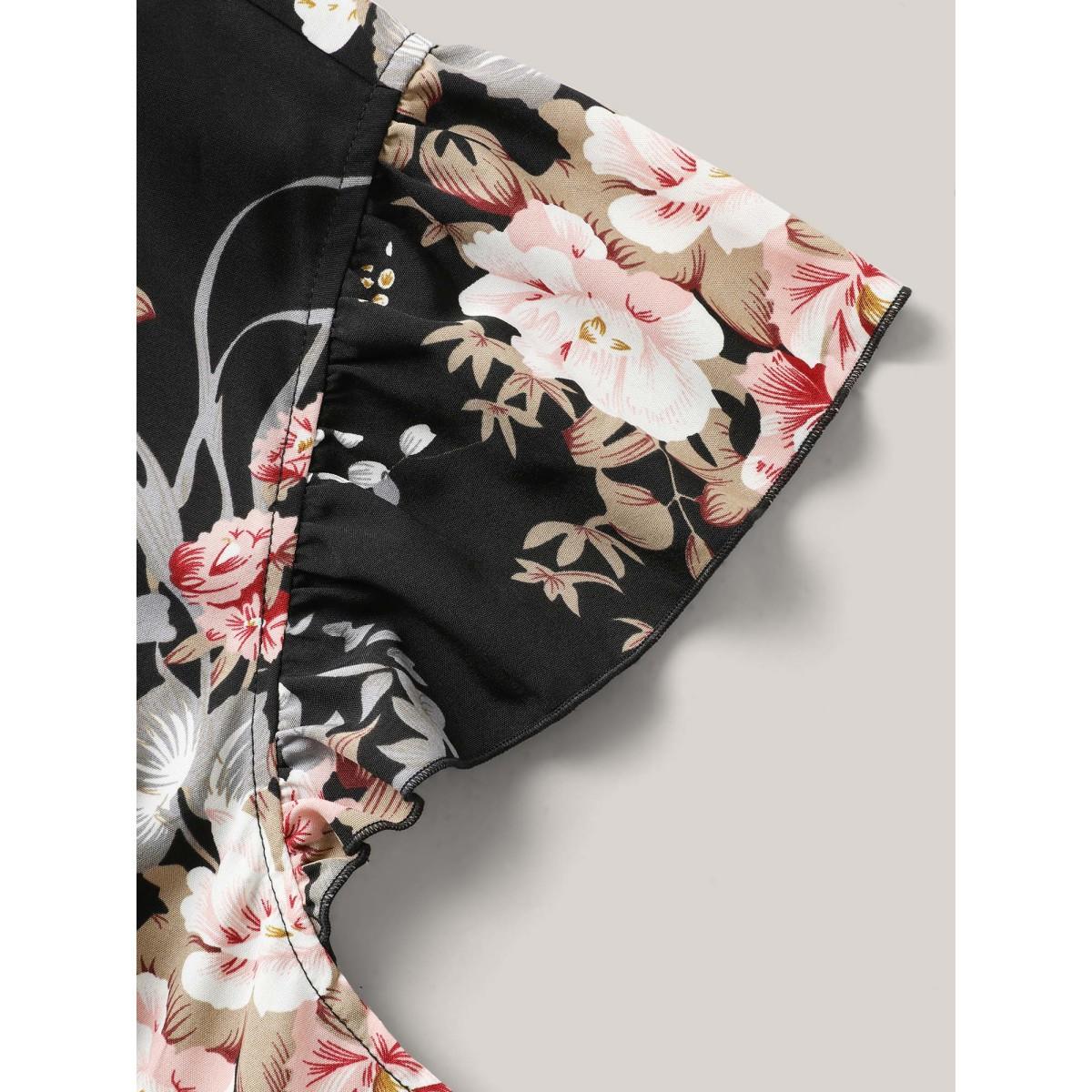 Plus Size Midnight Blooms Wrap A-Line Midi Dress Black Women Romantic Overlap Collar Cap Sleeve Curvy BloomChic 10/M Product Image