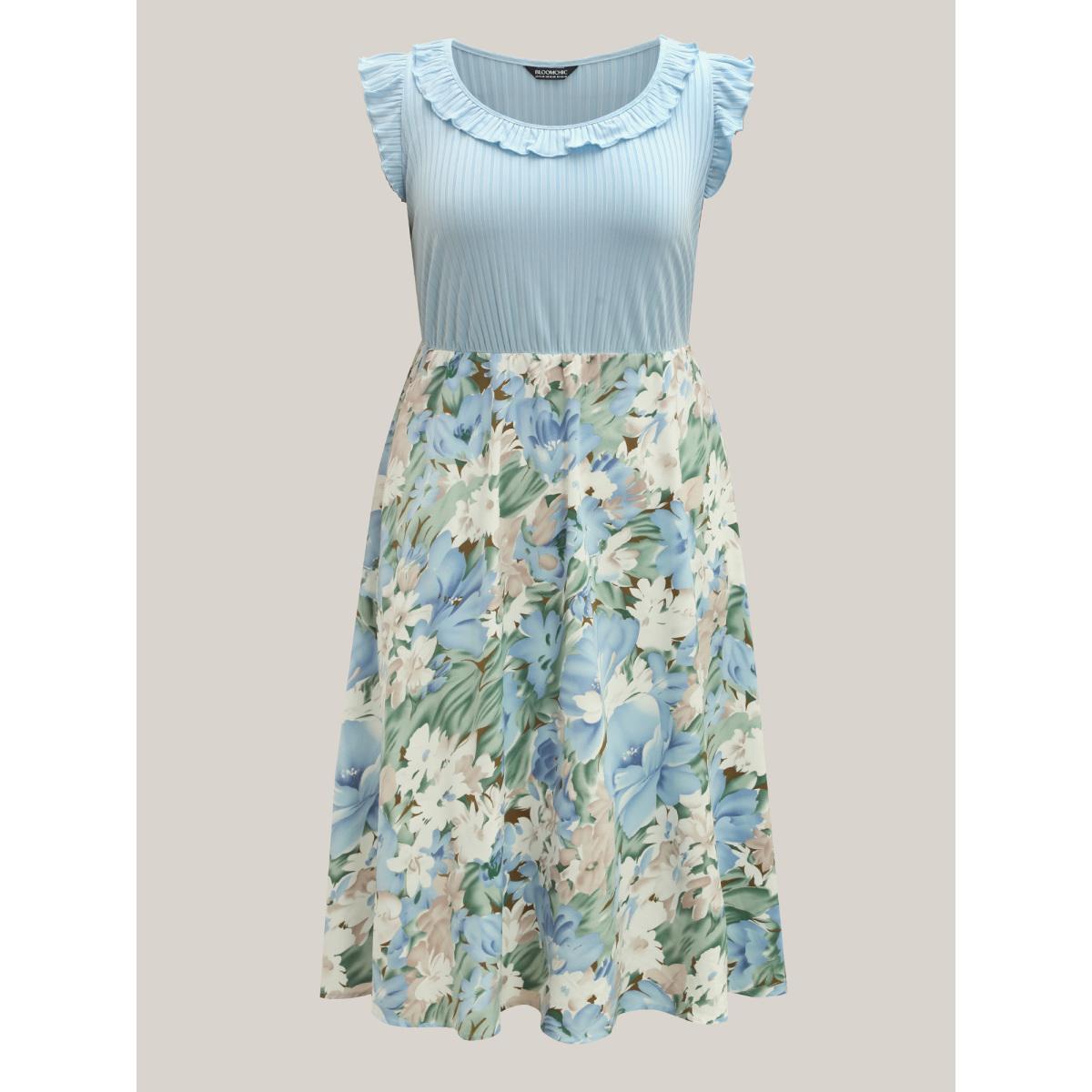 Plus Size Floral Print Ribbed Stretchy Waist Midi Dress LightBlue Women Round Neck Sleeveless Curvy BloomChic 12/L Product Image