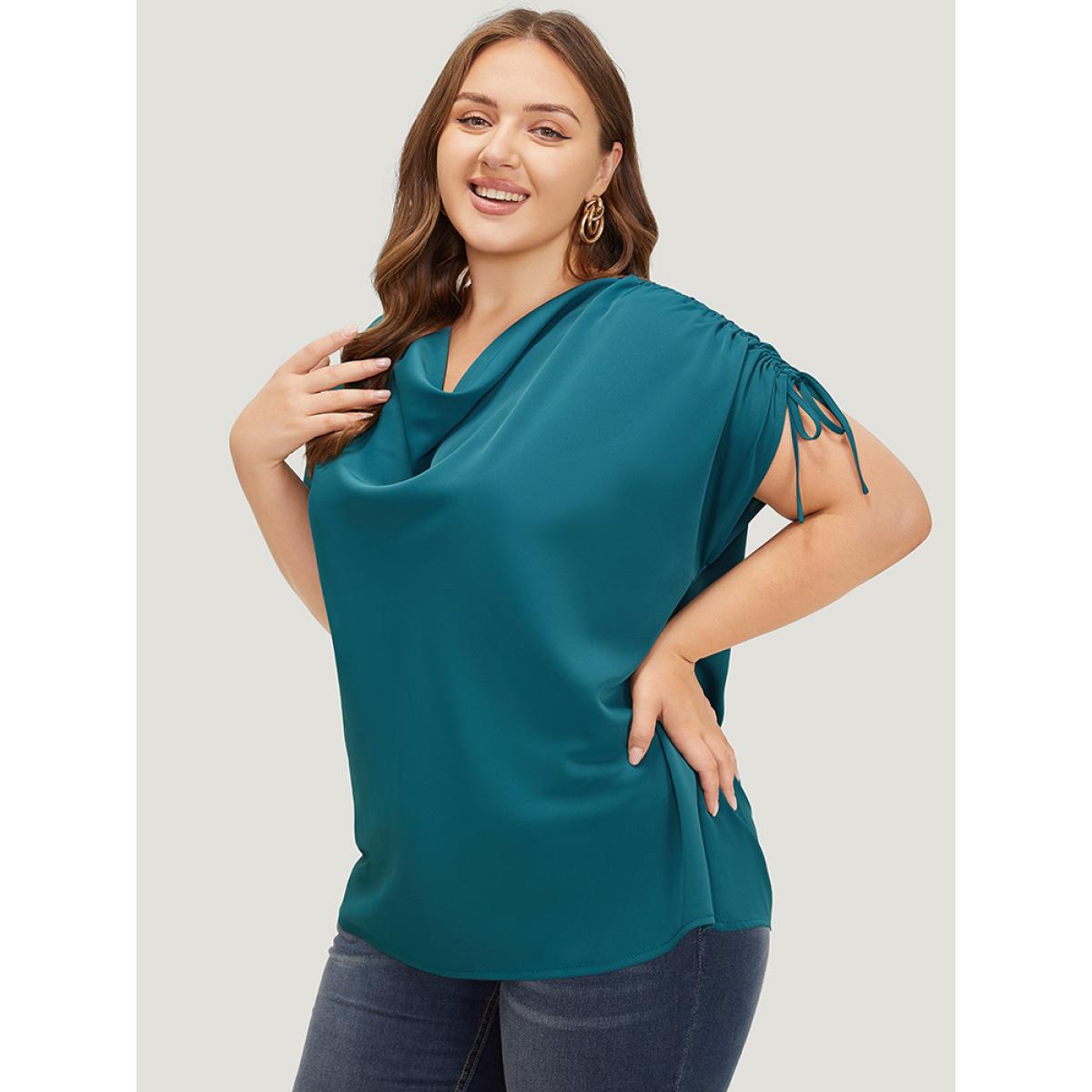 Plus Size Aegean Solid Cowl Neck Drawstring Sleeve Blouse Women Office Short sleeve Cowl Neck Work Blouses BloomChic 26/4X Product Image