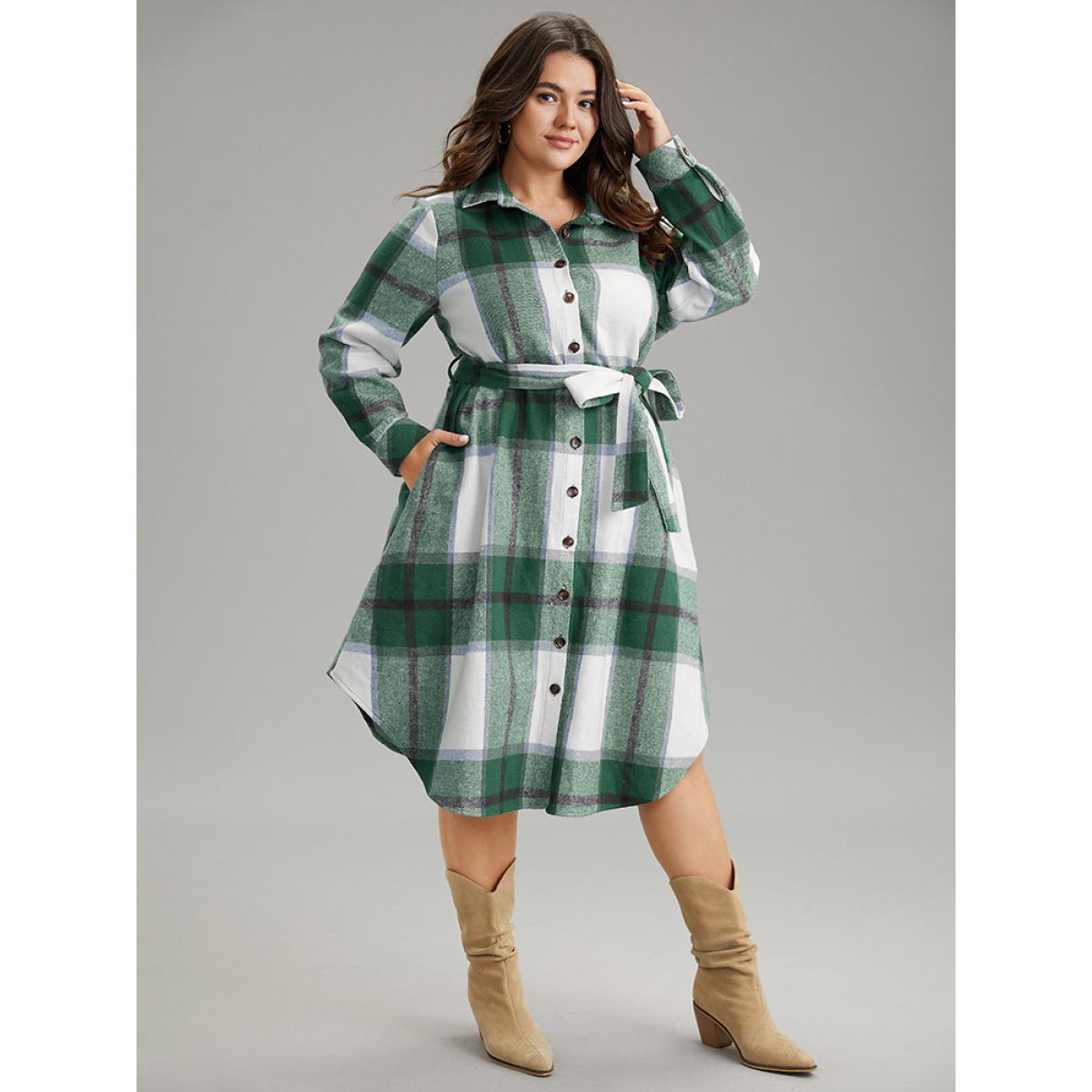 Plus Size Plaid Shirt Collar Button Through Belted Dress DarkGreen Women Casual Belted Shirt collar Long Sleeve Curvy Midi Dress BloomChic 28/5X Product Image