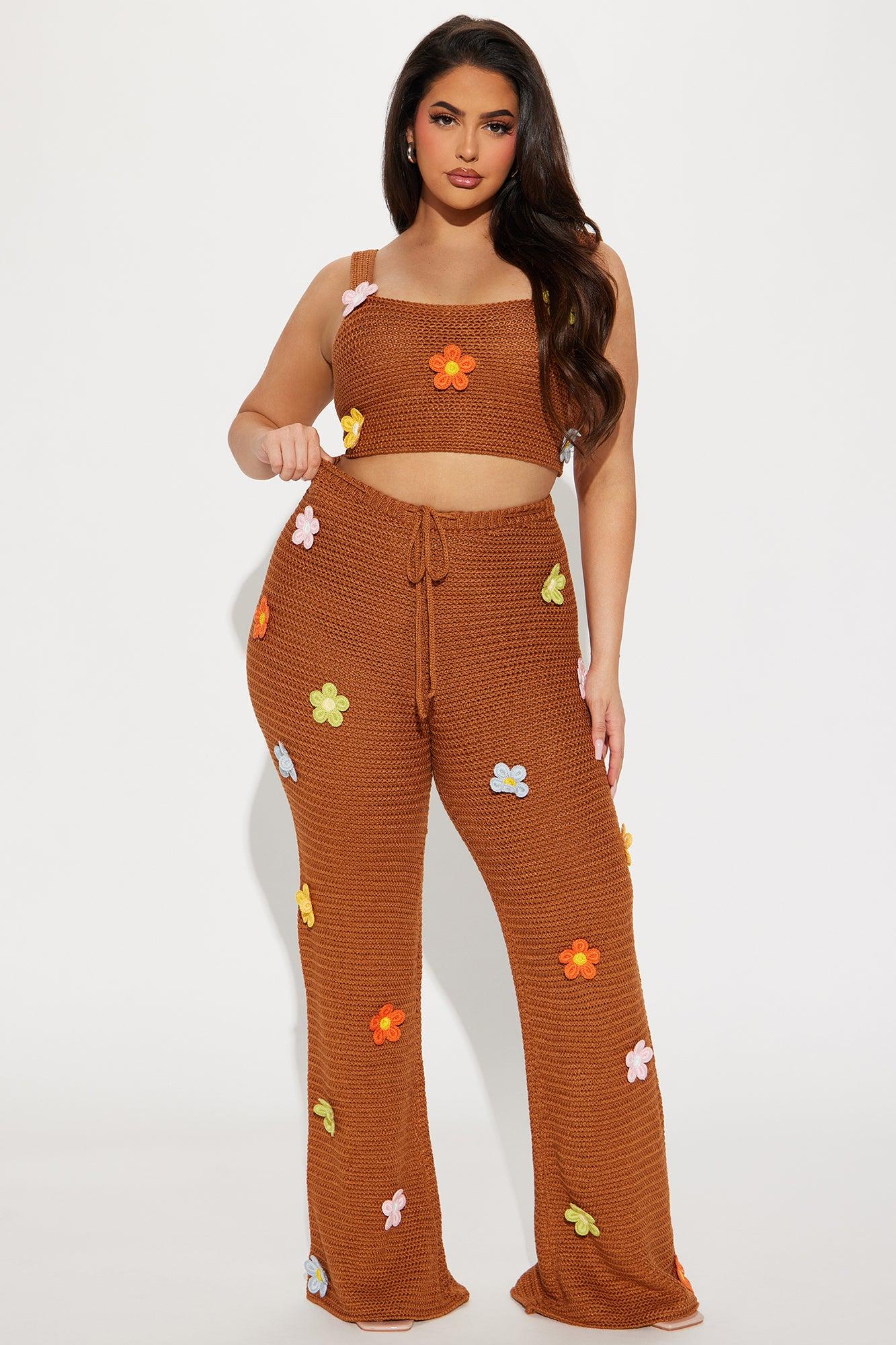 Floral Fields Crochet Pant Set - Mocha Product Image