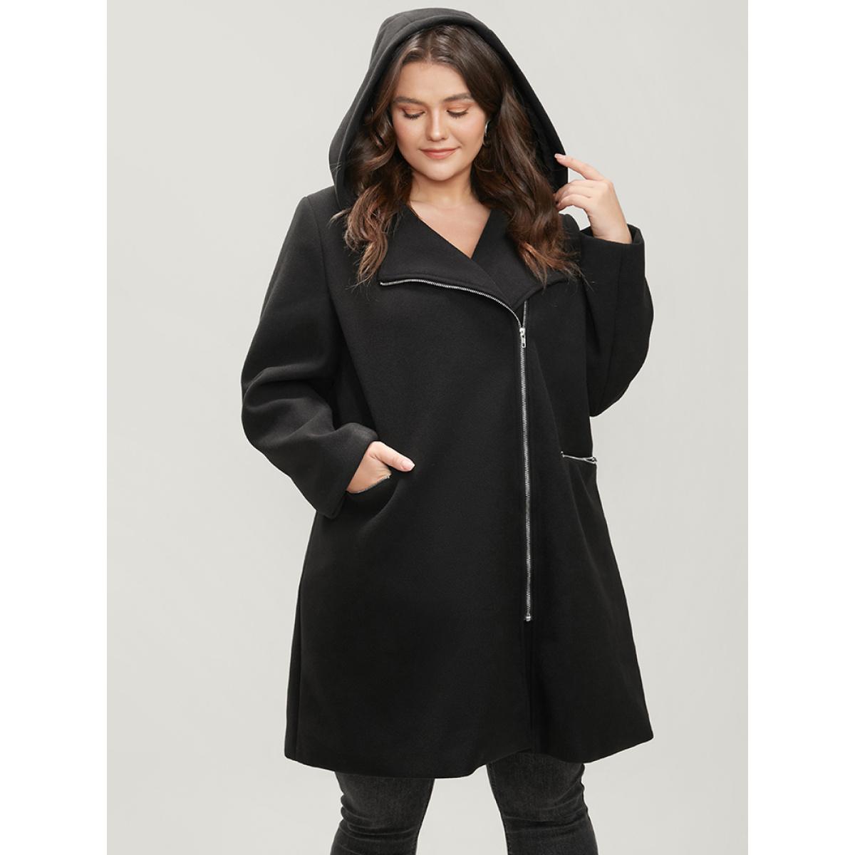 Plus Size Solid Pocket Zip Up Hooded Coat Women Black Casual Zipper Ladies Dailywear Winter Coats BloomChic 30/6X Product Image