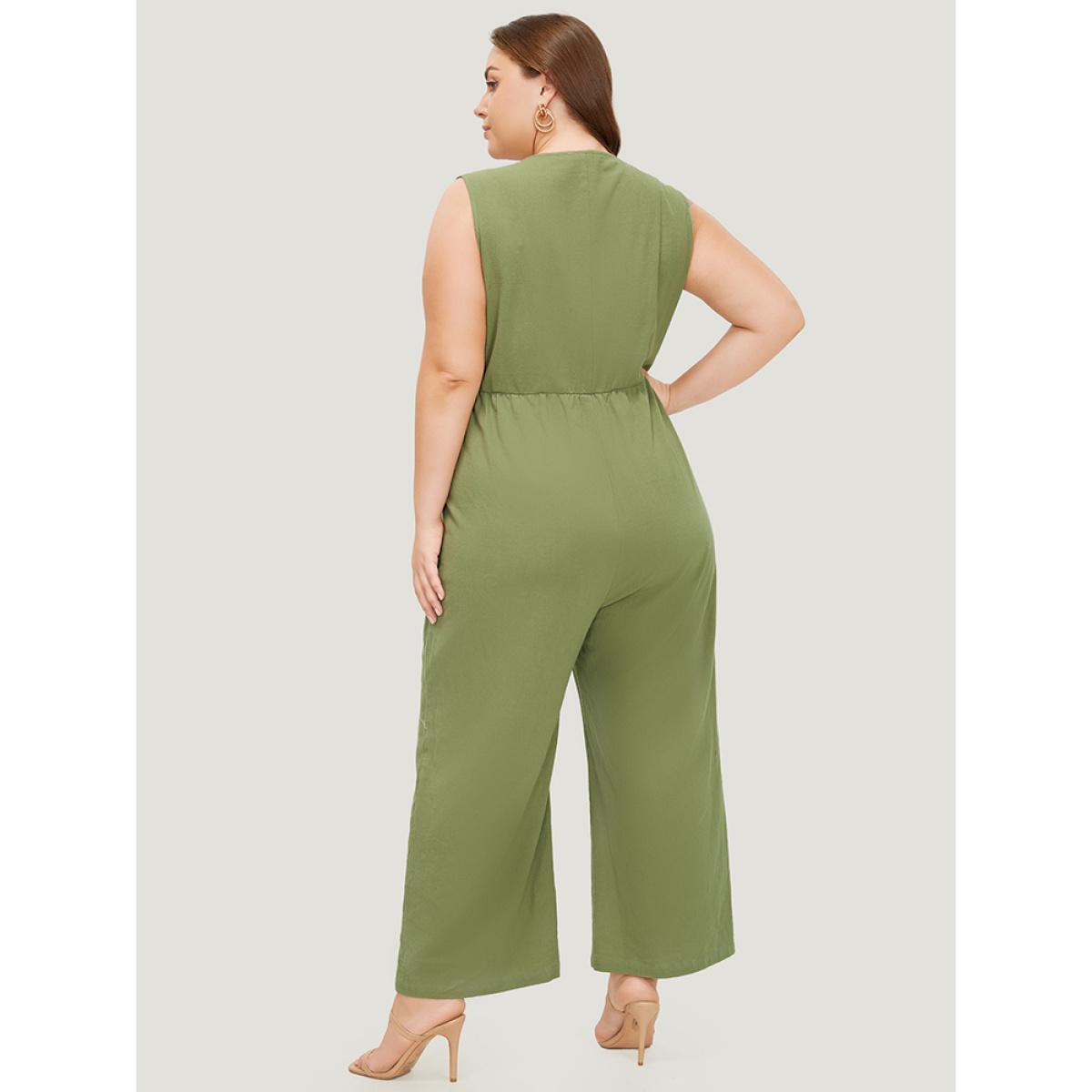 Plus Size Sage Plain Pocket Button Through Tank Jumpsuit Women Office Sleeveless V-neck Office Loose Jumpsuits BloomChic 22-24/3X Product Image