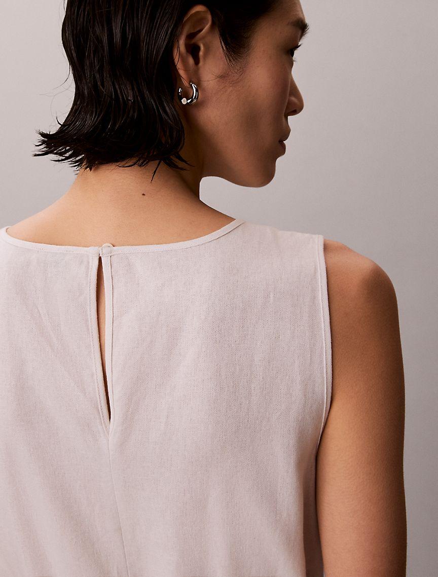 Linen Blend V-Neck Sleeveless Belted Dress Product Image