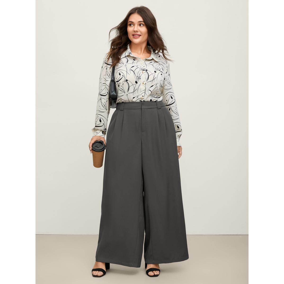 Plus Size Stretchy Waist Pleated Wide-Leg Pants Women DimGray Office Loose Mid Rise Office Pants BloomChic 14-16/1X Product Image