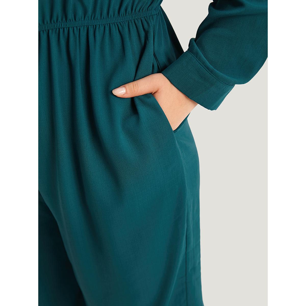 Plus Size Aegean Notched Zipper Gathered Drawstring Jumpsuit Women Office Long Sleeve Notched collar Office Loose Jumpsuits BloomChic 12/L Product Image