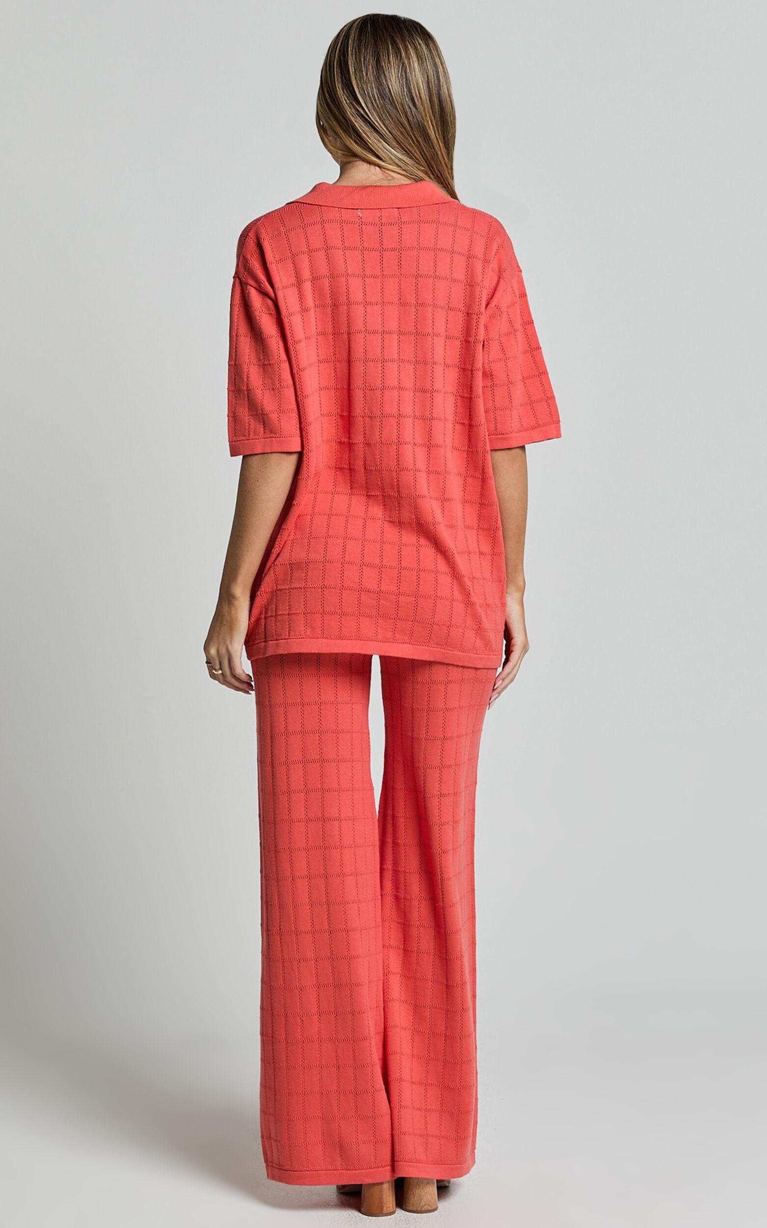 Tommy Two Piece Set - Knit Button Through Top and Pants Two Piece Set in Coral Product Image