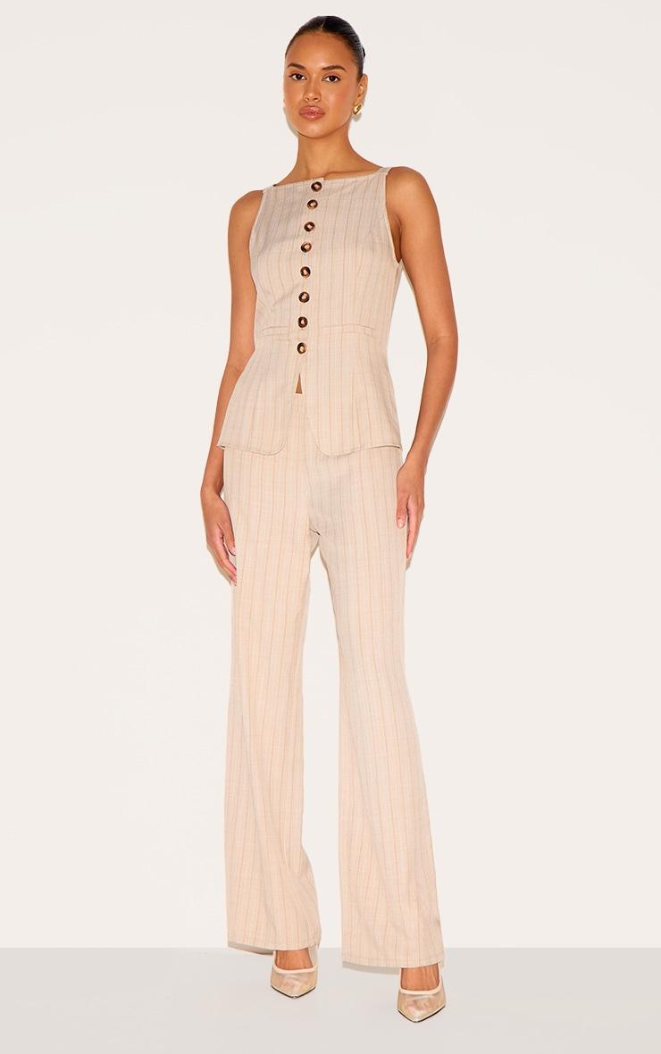 Stone Pinstripe Linen Button Down Peplum Hem Jumpsuit Product Image