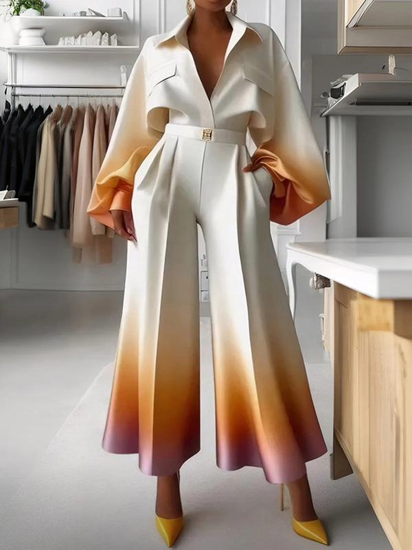 High Waisted Loose Gradient Pleated Split-Joint Pants Trousers Product Image