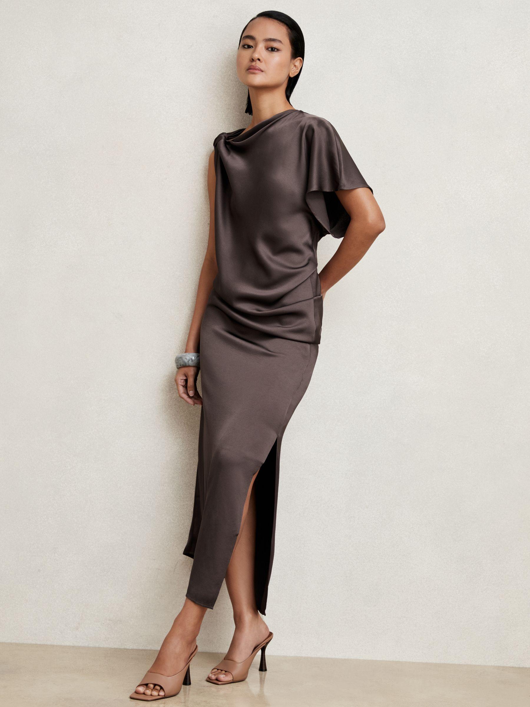 Satin Asymmetric Draped Midi Dress in Mauve Product Image