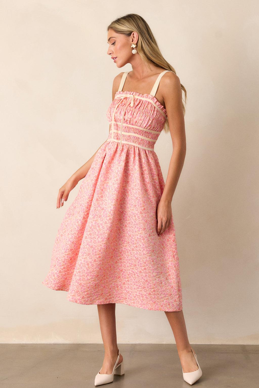Petal Waltz Pink Coral Floral Jacquard Midi Dress Product Image