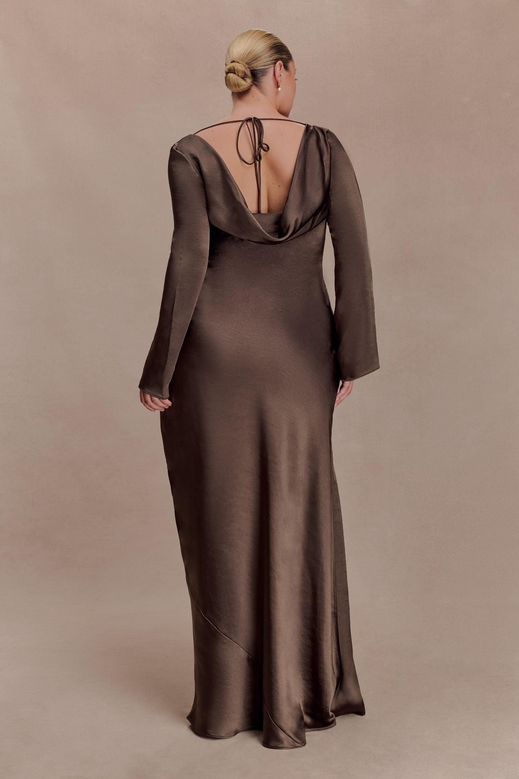 Eliza Long Sleeve Cowl Lace And Satin Maxi Dress - Mocha Product Image
