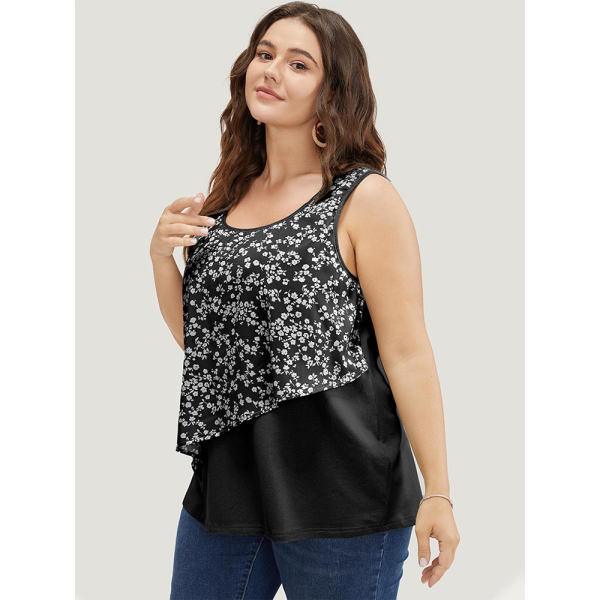 Plus Size Ditsy Floral Patchwork Tank Top Women Black Elegant Patchwork Round Neck Dailywear Tank Tops Camis BloomChic 30/6X Product Image
