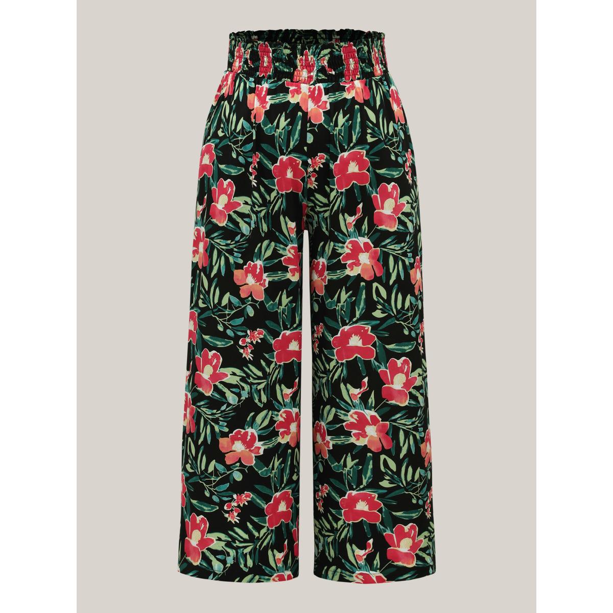 Plus Size Rayon Tropical Floral Print Shirred Wide-Leg Pants Women BlackFlower Resort Wide Leg Mid Rise Vacation Pants BloomChic 18-20/2X Product Image